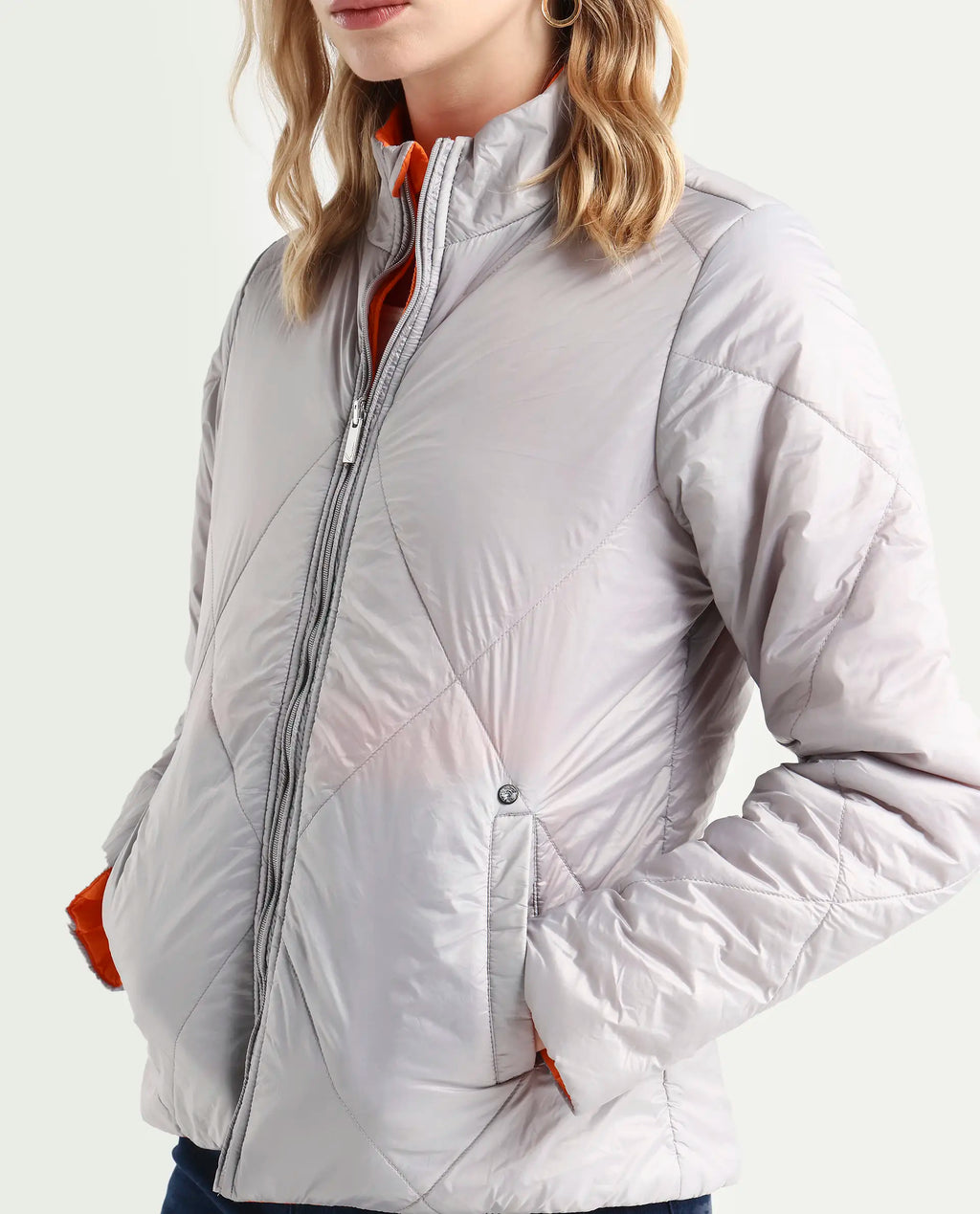 Rareism Women's Cora 1 Grey Nylon High Neck Plain Regular Fit Jacket