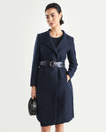 Rareism Women's Monch Navy Overlap Neck Plain Midi Boxy Fit Jacket