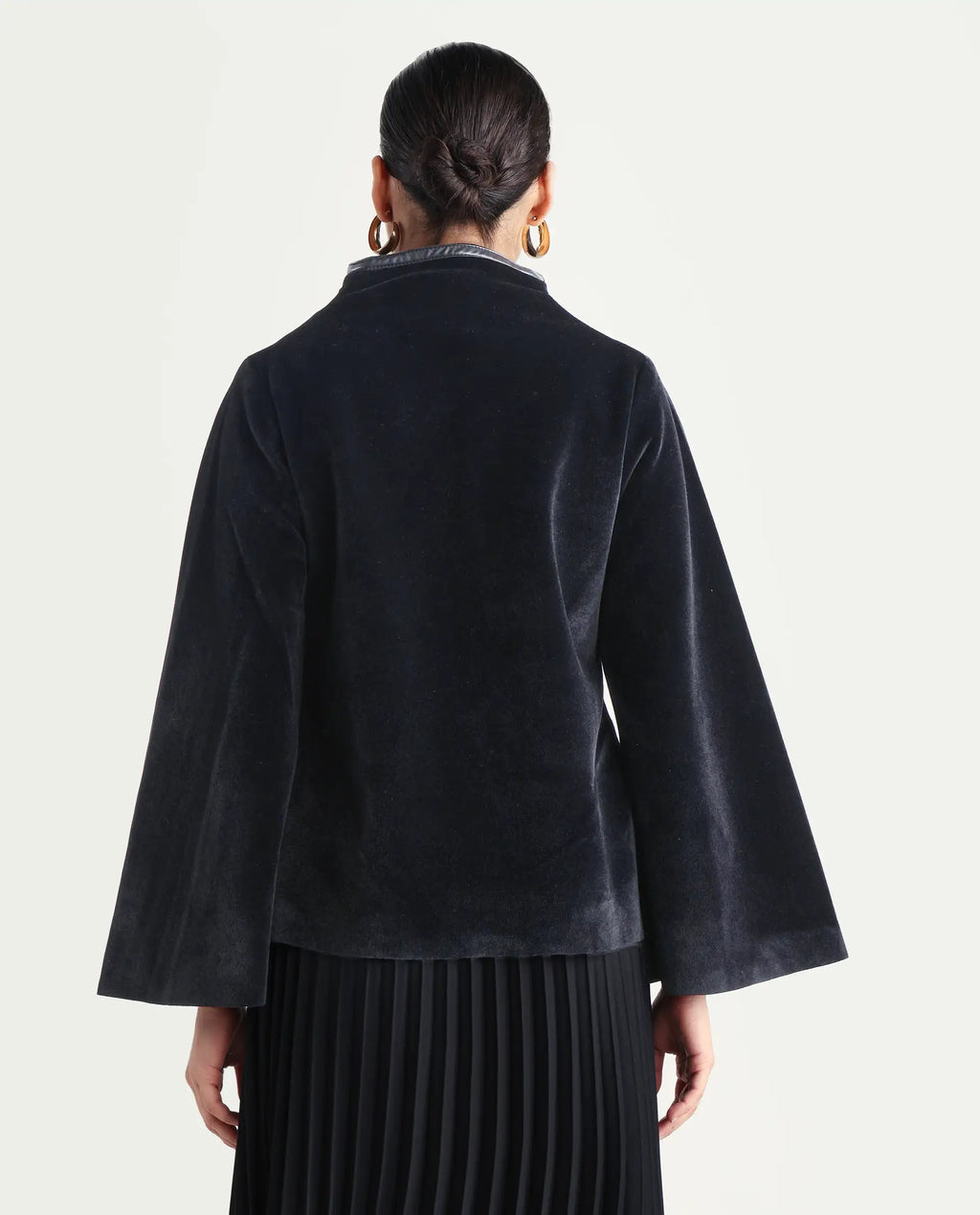 Rareism Women's Kraus Black Polyester High Neck Plain Bell Sleeve Regular Fit Jacket