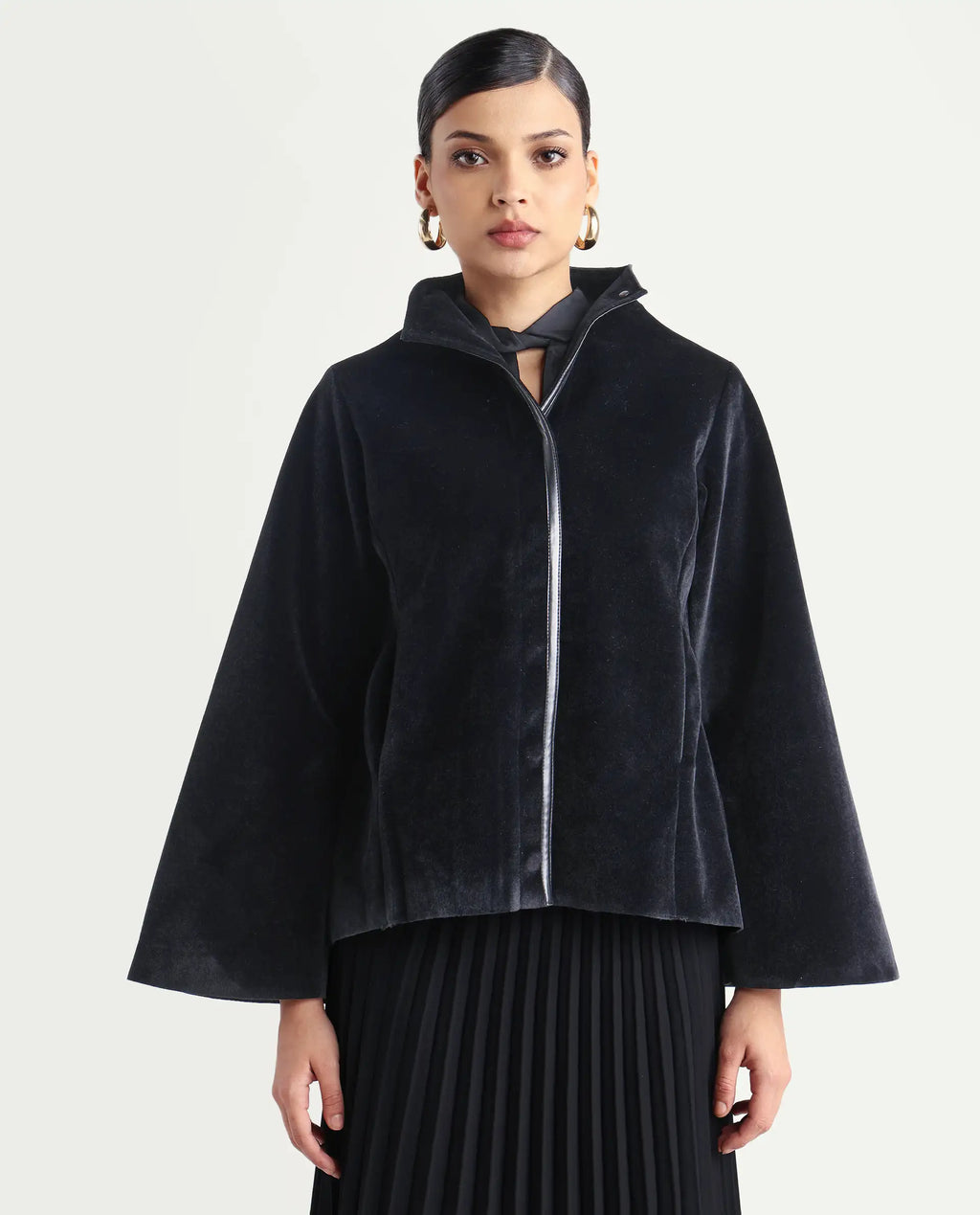 Rareism Women's Kraus Black Polyester High Neck Plain Bell Sleeve Regular Fit Jacket