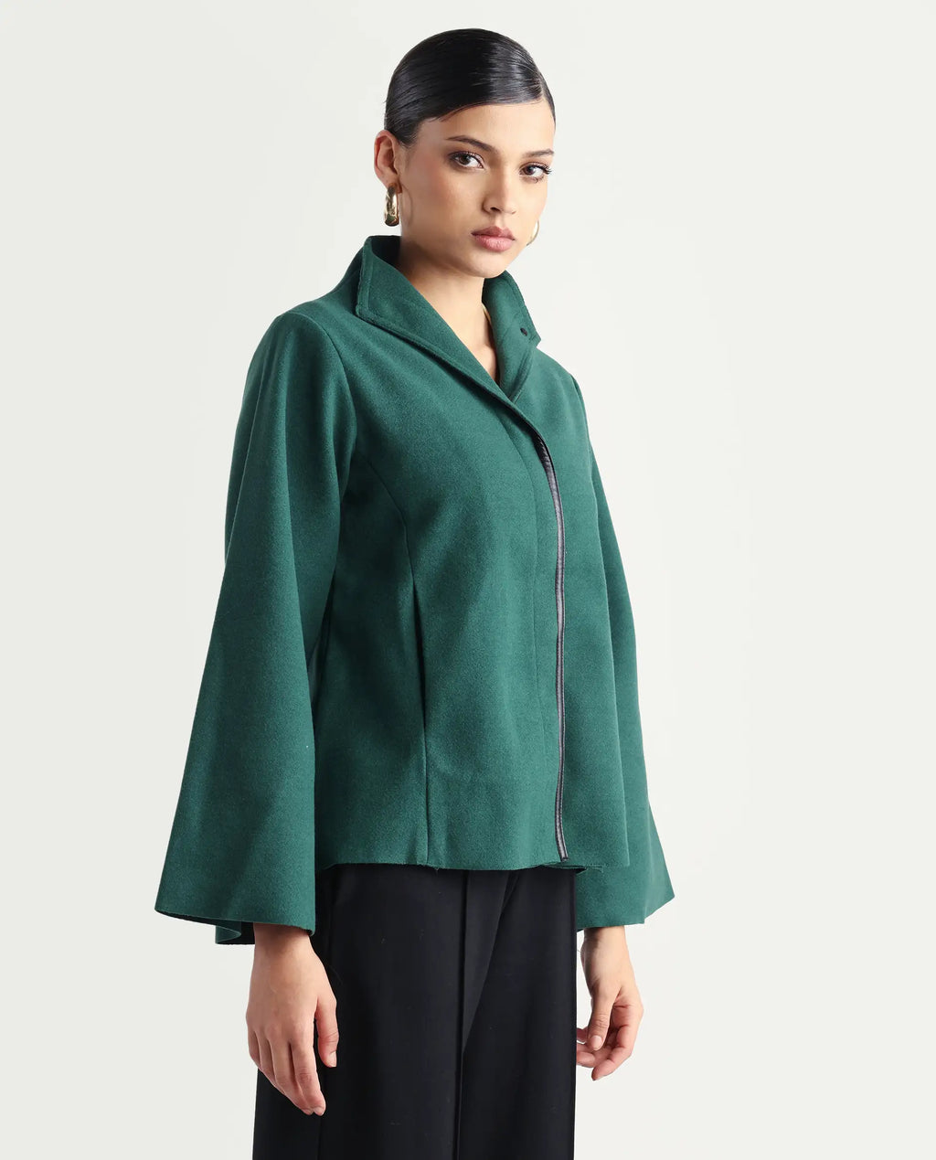 Rareism Women's Kraus Green Polyester High Neck Plain Bell Sleeve Regular Fit Jacket