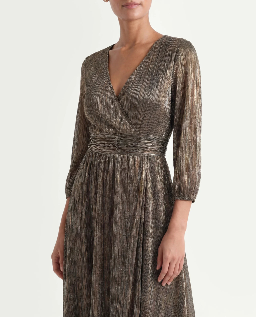 Rareism Women's Daso Metalic Gold Polyester Overlap Neck Shimmer Balloon Sleeve Midi Fit And Flare Dress
