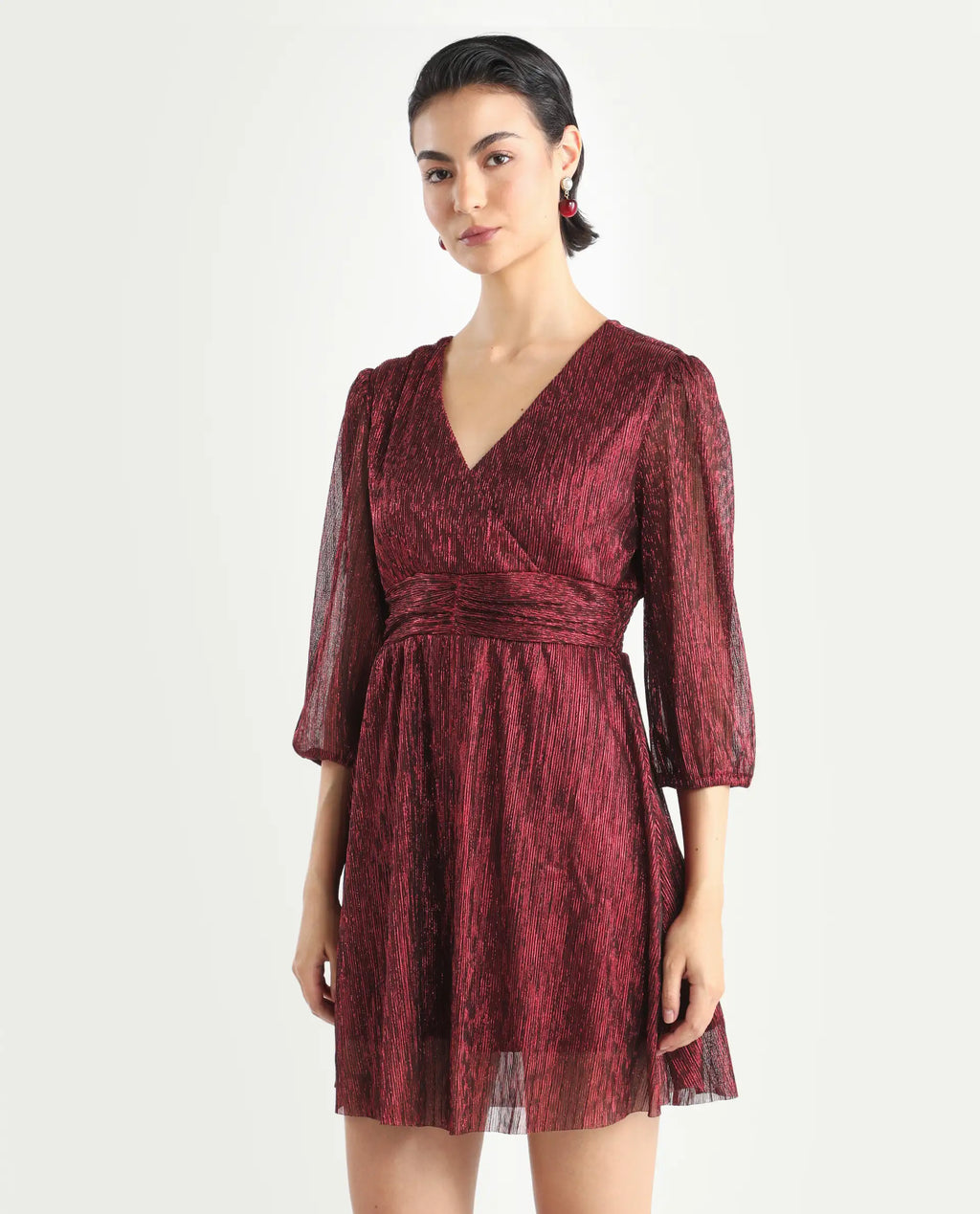 Rareism Women's Ravin Metalic Red Polyester Collarless Floral Print Balloon Sleeve Mini Fit And Flare Dress