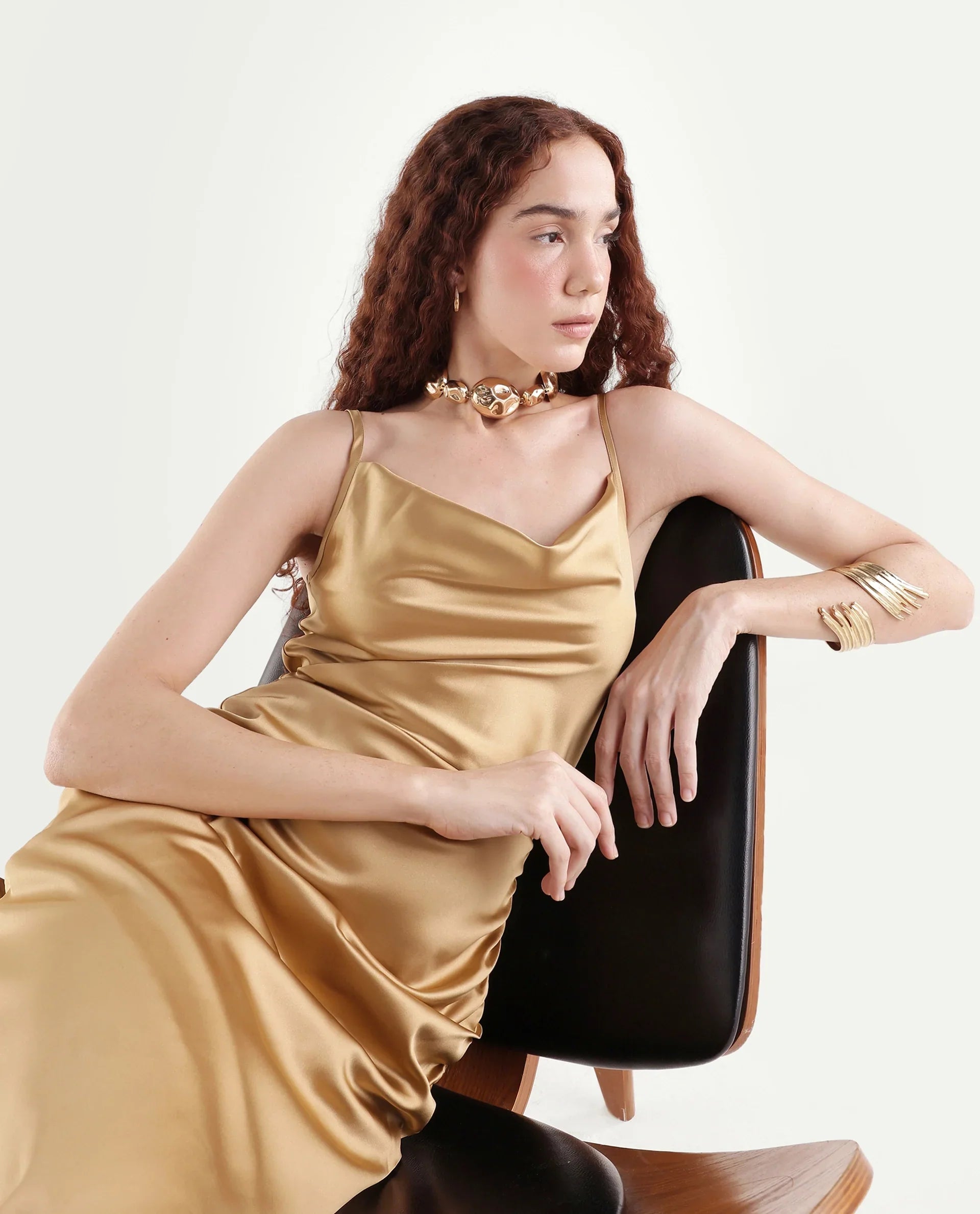 Rareism Women's Rilu Sheen Gold Polyester Blend Cowl Neck Plain Shoulder Strap Knee Length Regular Fit Dress