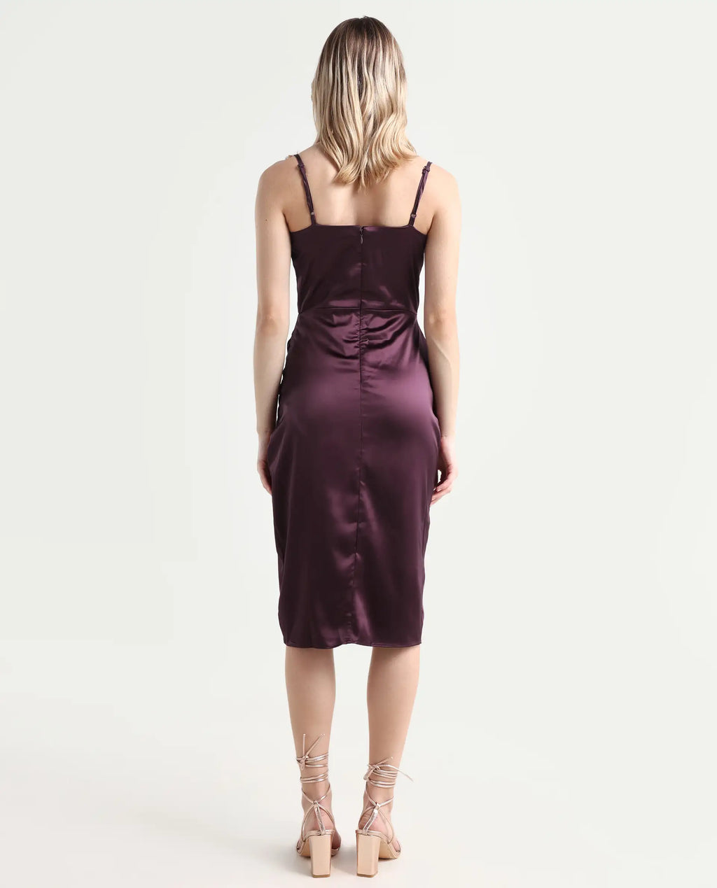 Rareism Women's Rilu Sheen Maroon Polyester Blend Cowl Neck Plain Shoulder Strap Knee Length Regular Fit Dress