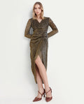 Rareism Women's Siga Metalic Gold Polyester Blend Collarless Shimmer Maxi Regular Fit Dress