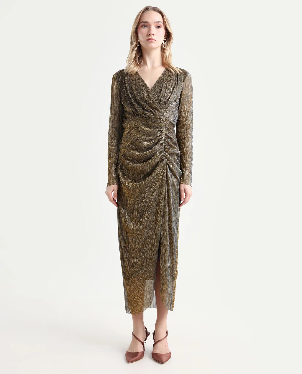 Rareism Women's Siga Metalic Gold Polyester Blend Collarless Shimmer Maxi Regular Fit Dress