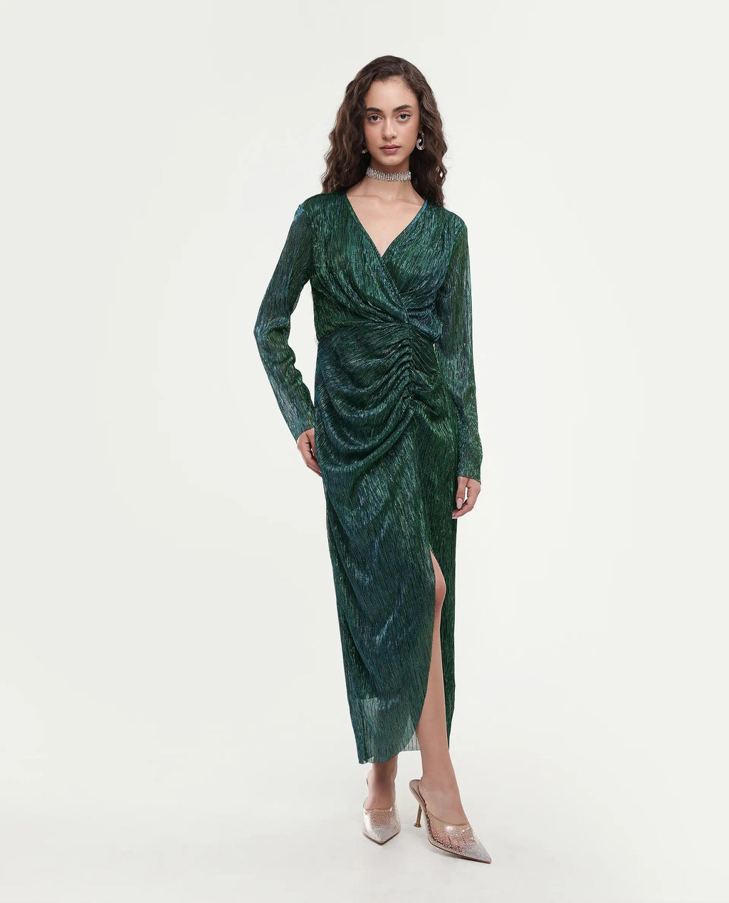 Rareism Women's Siga Metalic Green Polyester Blend V-Neck Shimmer Maxi Dress