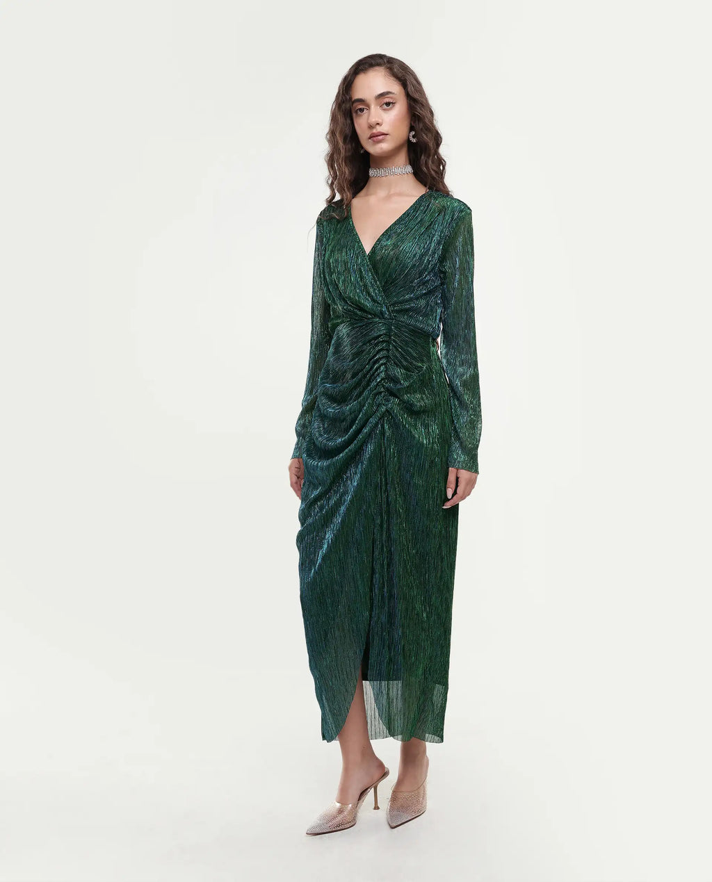 Rareism Women's Siga Metalic Green Polyester Blend V-Neck Shimmer Maxi Dress