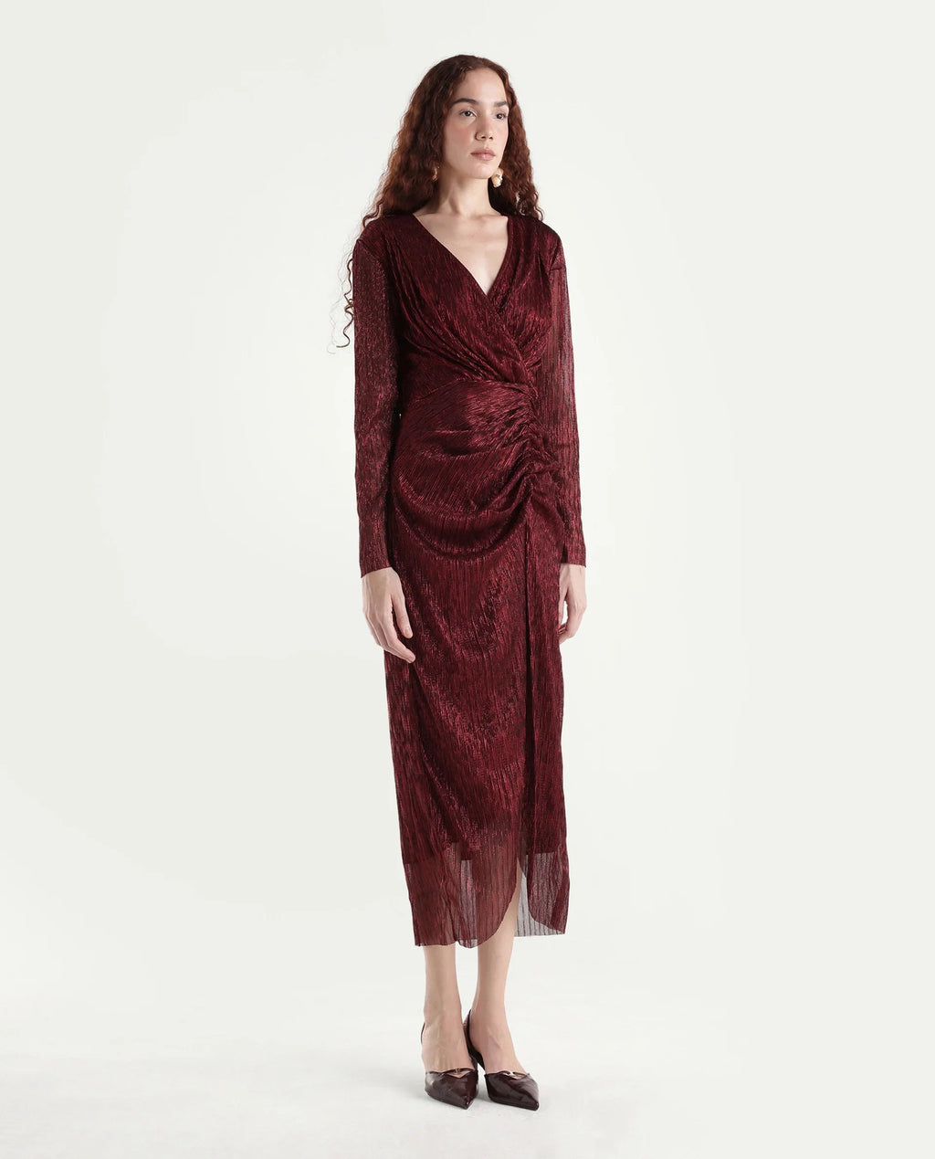 Rareism Women's Siga Metalic Red Polyester Blend Collarless Shimmer Maxi Regular Fit Dress