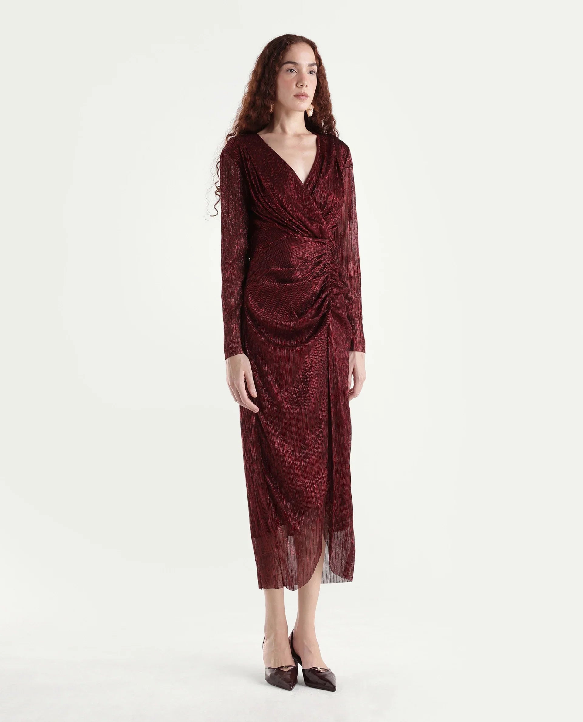 Rareism Women's Siga Metalic Red Polyester Blend Collarless Shimmer Maxi Regular Fit Dress