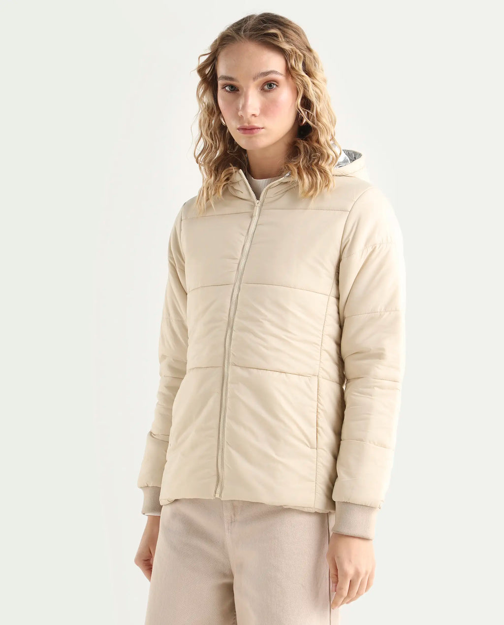 Rareism Women's Glasha Hls Beige Polyester Hooded Plain Regular Fit Jacket