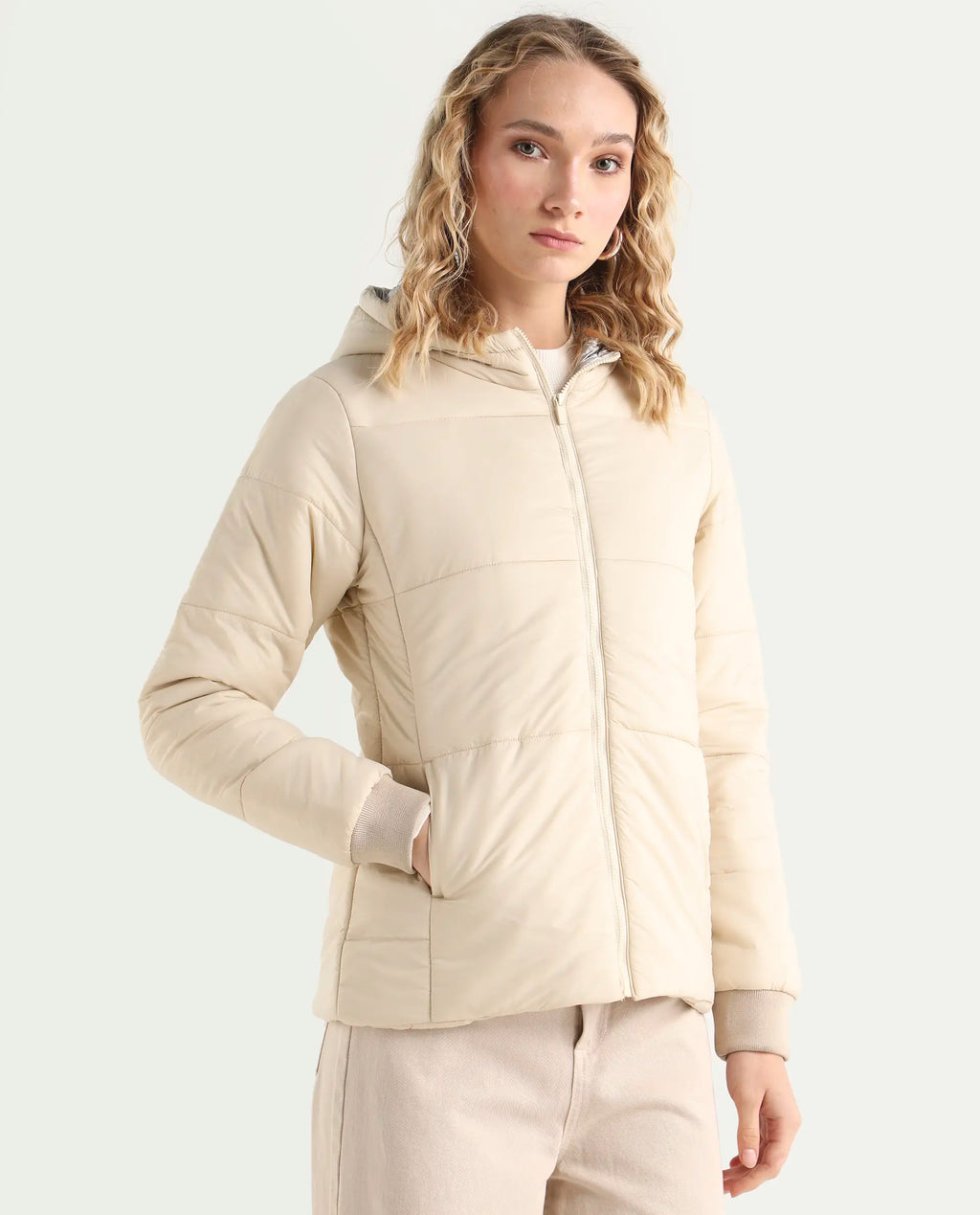 Rareism Women's Glasha Hls Beige Polyester Hooded Plain Regular Fit Jacket