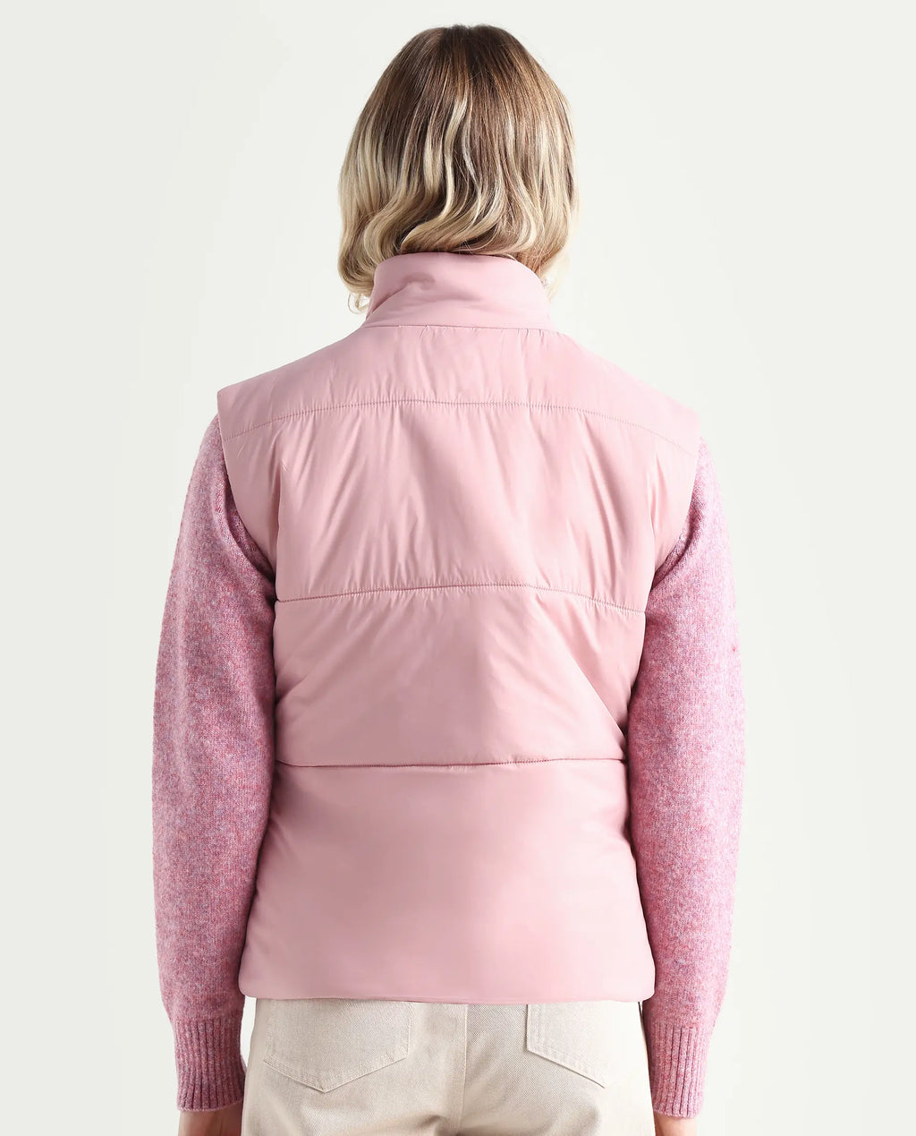 Rareism Women's Glasha Si Pink Polyester High Neck Plain Sleeveless Regular Fit Jacket
