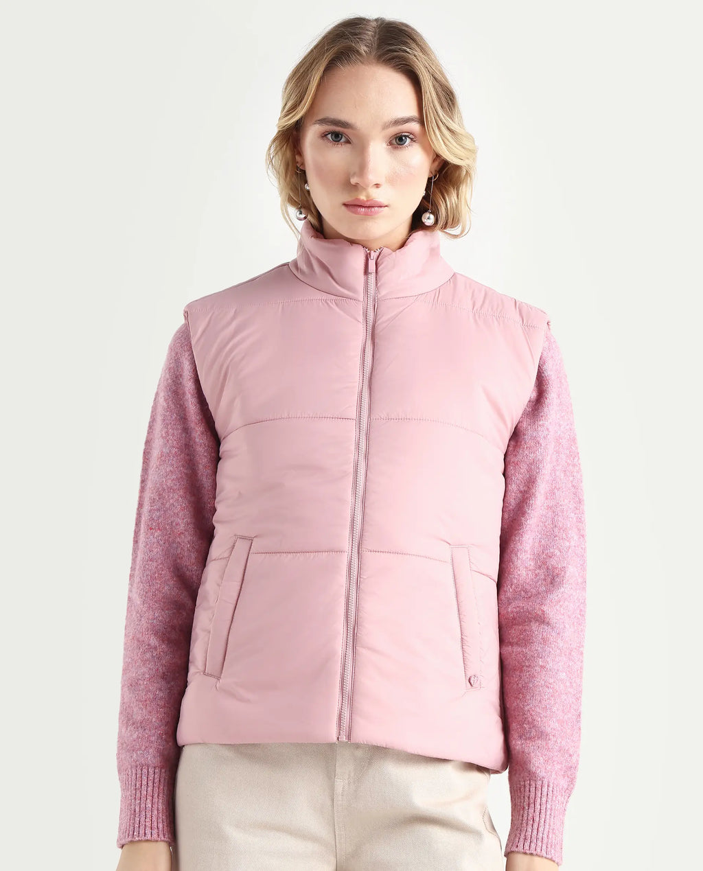 Rareism Women's Glasha Si Pink Polyester High Neck Plain Sleeveless Regular Fit Jacket