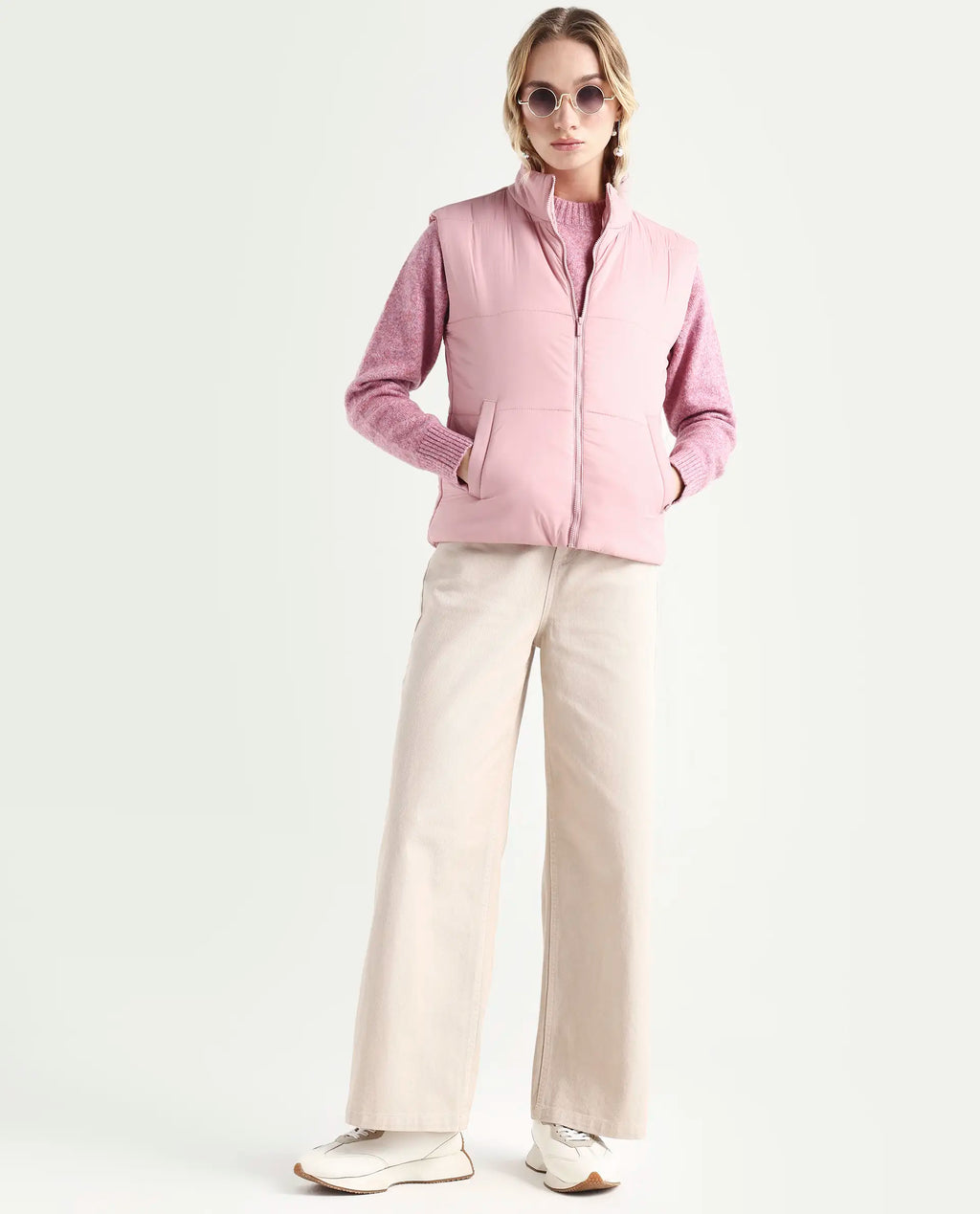 Rareism Women's Glasha Si Pink Polyester High Neck Plain Sleeveless Regular Fit Jacket
