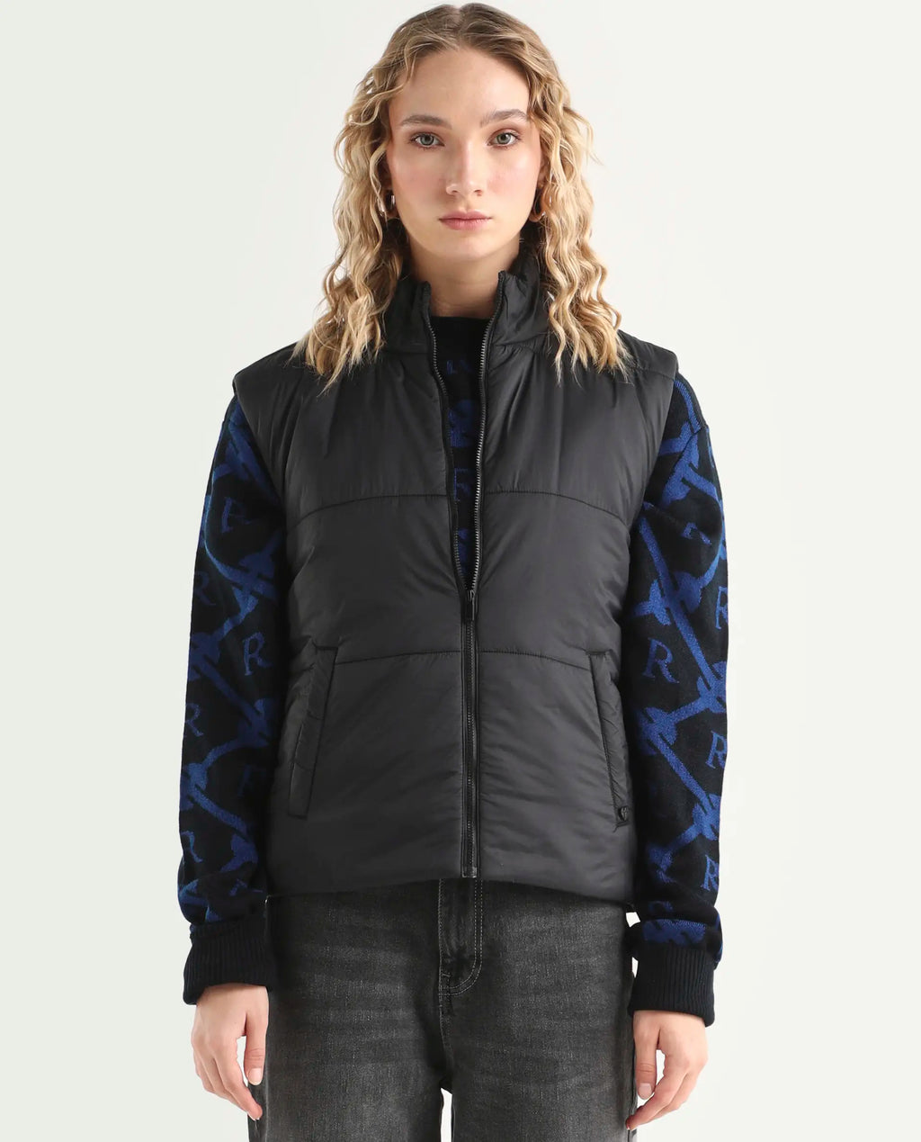 Rareism Women's Glasha Sl Black Polyester High Neck Plain Sleeveless Regular Fit Jacket