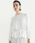 Rareism Women's Lenze White Polyester Boat Neck Plain Volume Sleeve Oversized Top