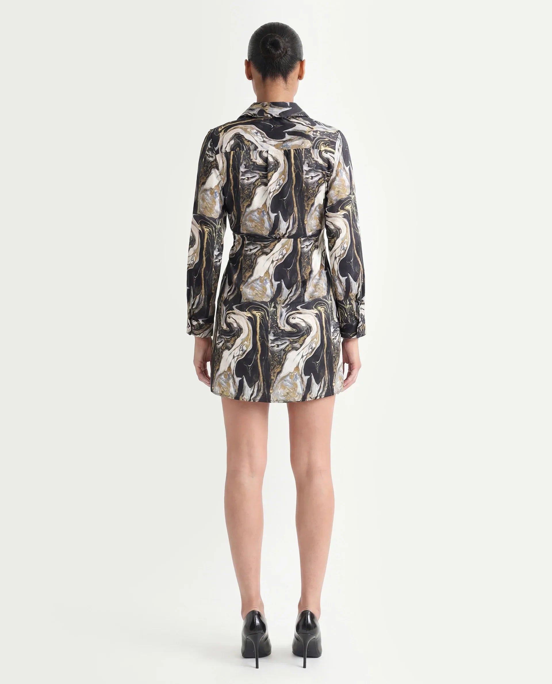 Rareism Women's Sager Black Polyester Spread Collar Abstract Print Mini Regular Fit Dress