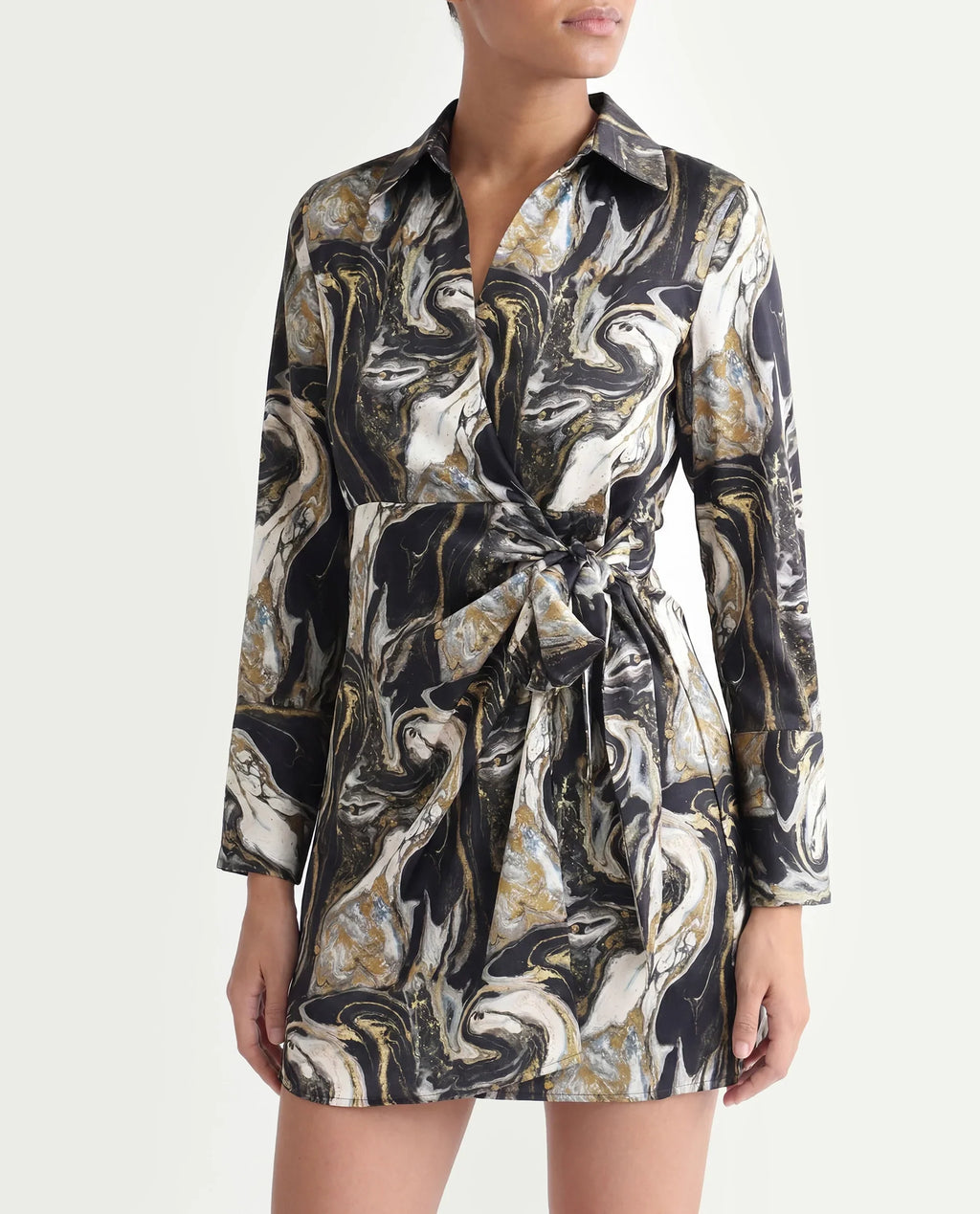 Rareism Women's Sager Black Polyester Spread Collar Abstract Print Mini Regular Fit Dress