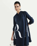 Rareism Women's Leor Dark Blue Tencel Mandarin Collar Graphic Print Mini A-Line Dress
