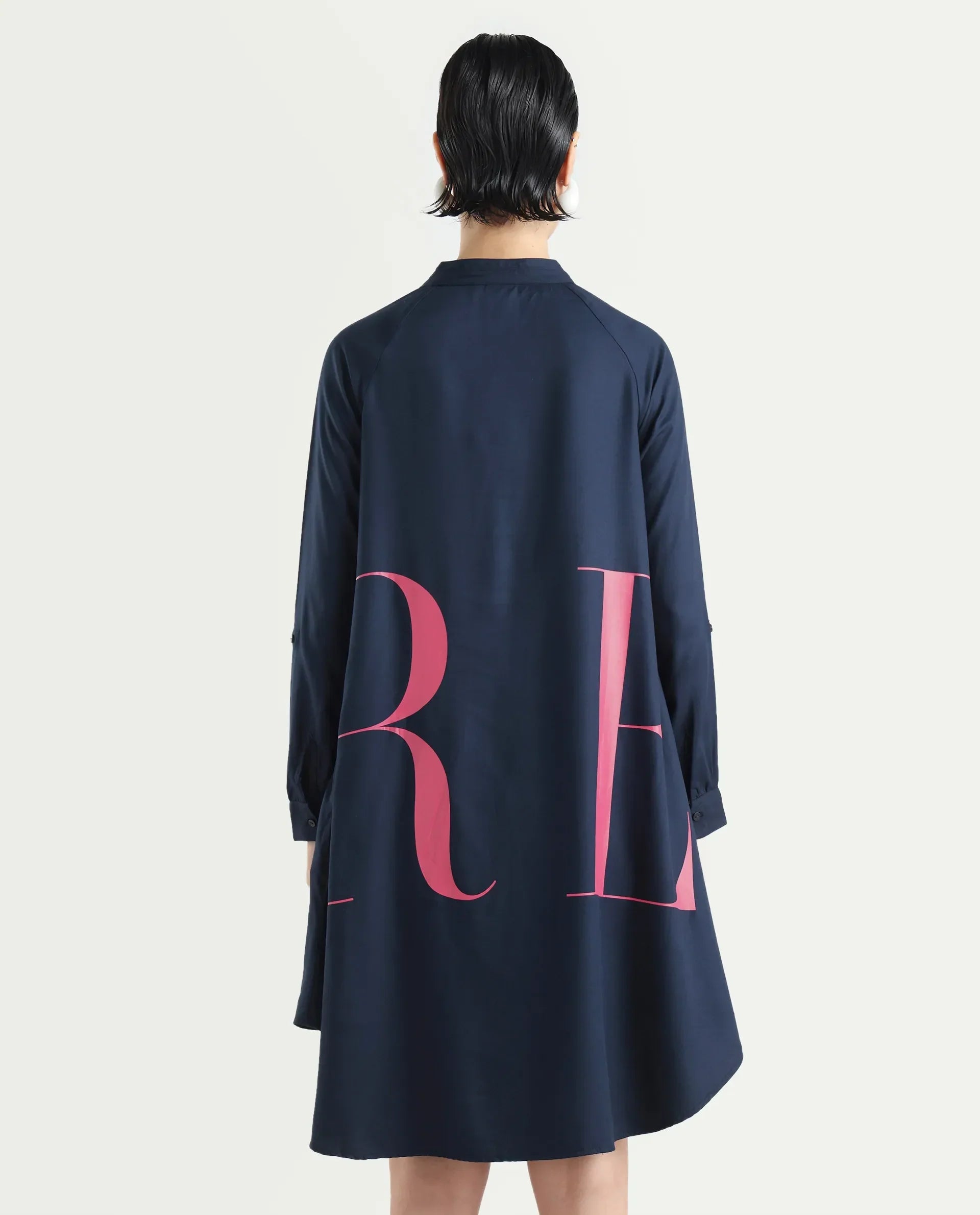 Rareism Women's Leor Dark Blue Tencel Mandarin Collar Graphic Print Mini A-Line Dress