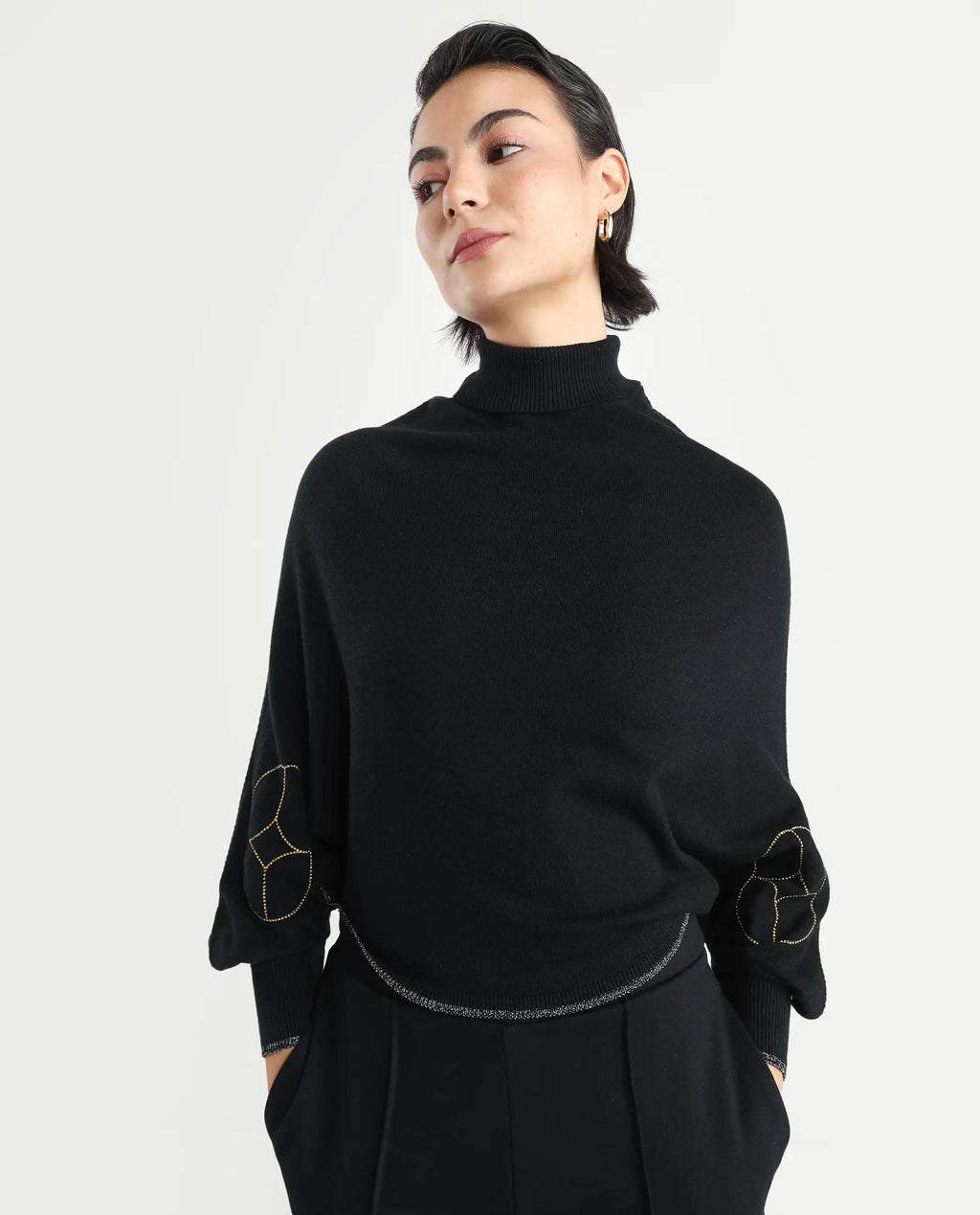 Rareism Women's Sabel Black Viscose Turtle Neck Plain Kimono Sleeve Crop Relaxed Fit Sweater