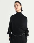 Rareism Women's Sabel Black Viscose Turtle Neck Plain Kimono Sleeve Crop Relaxed Fit Sweater