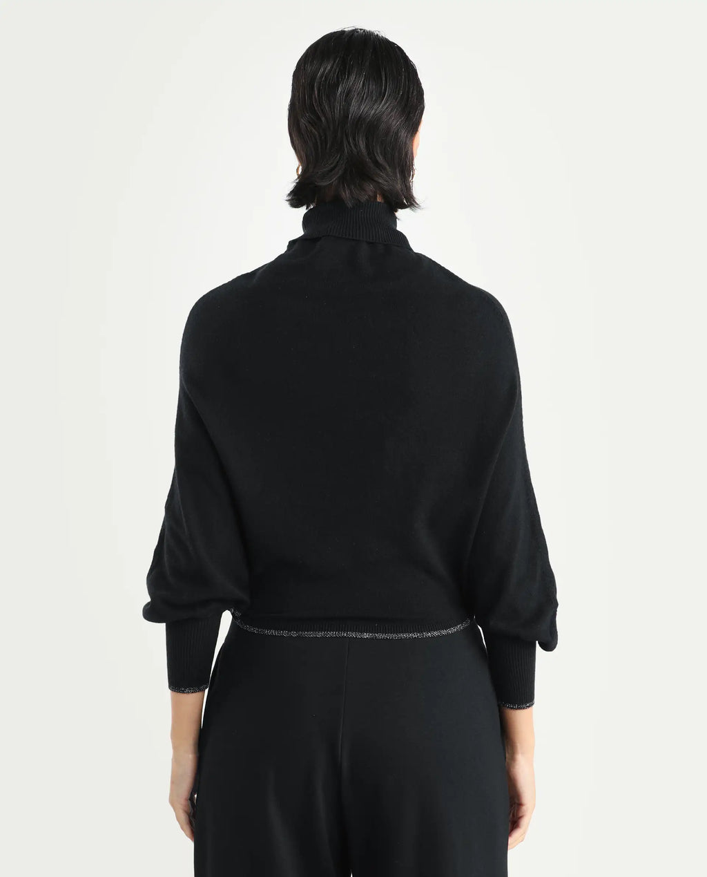 Rareism Women's Sabel Black Viscose Turtle Neck Plain Kimono Sleeve Crop Relaxed Fit Sweater