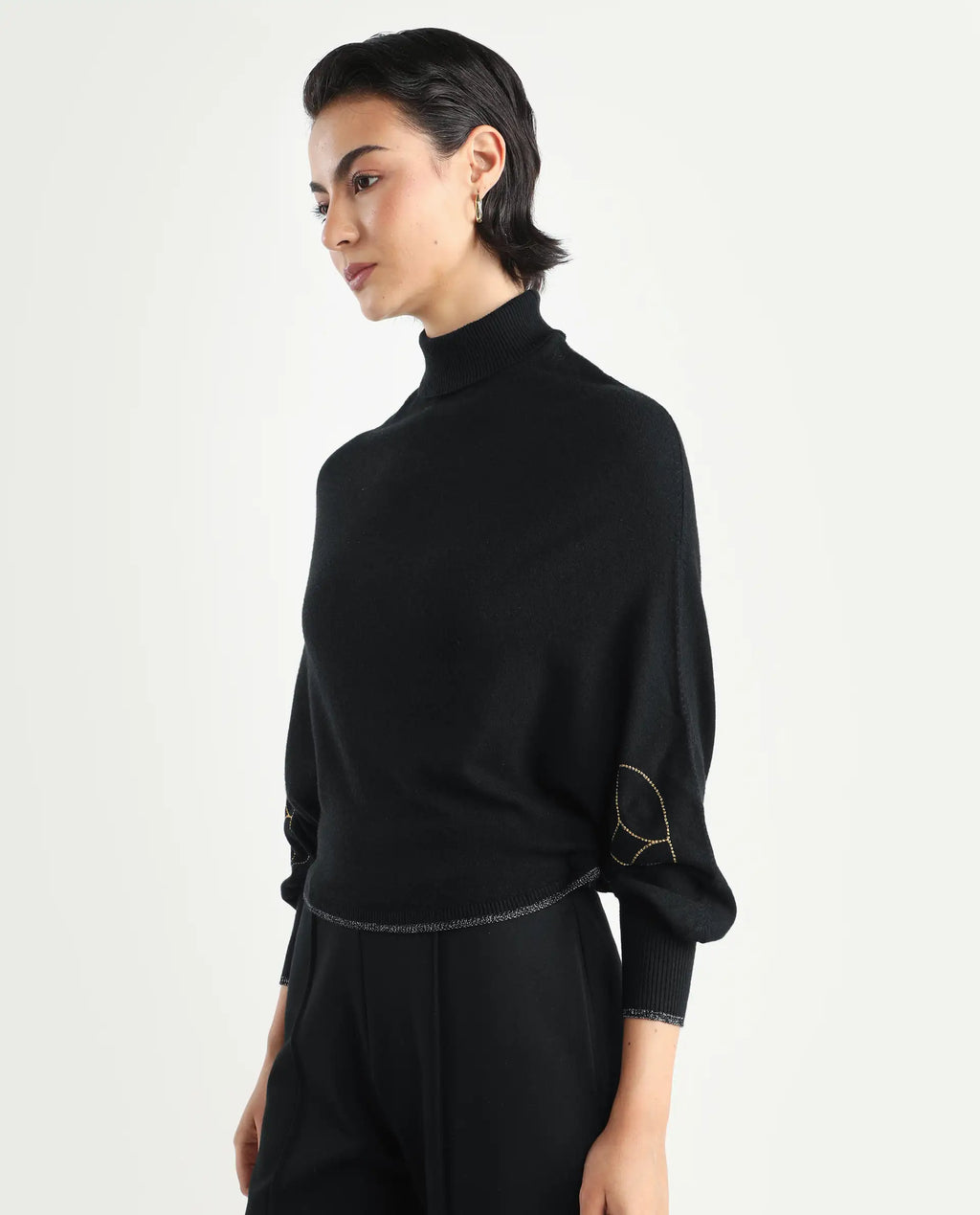 Rareism Women's Sabel Black Viscose Turtle Neck Plain Kimono Sleeve Crop Relaxed Fit Sweater
