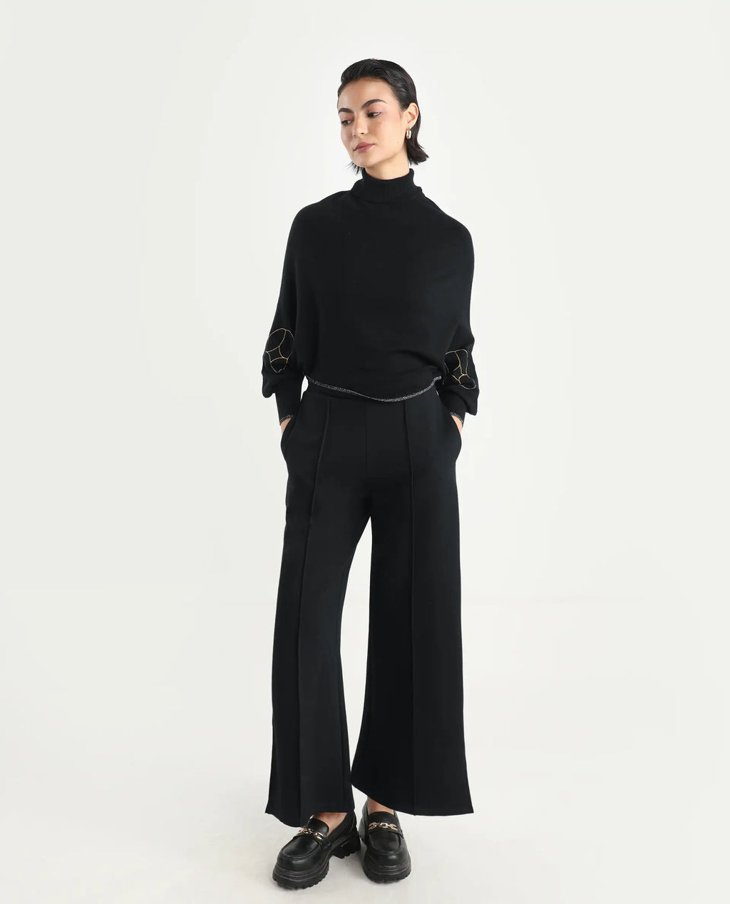 Rareism Women's Sabel Black Viscose Turtle Neck Plain Kimono Sleeve Crop Relaxed Fit Sweater