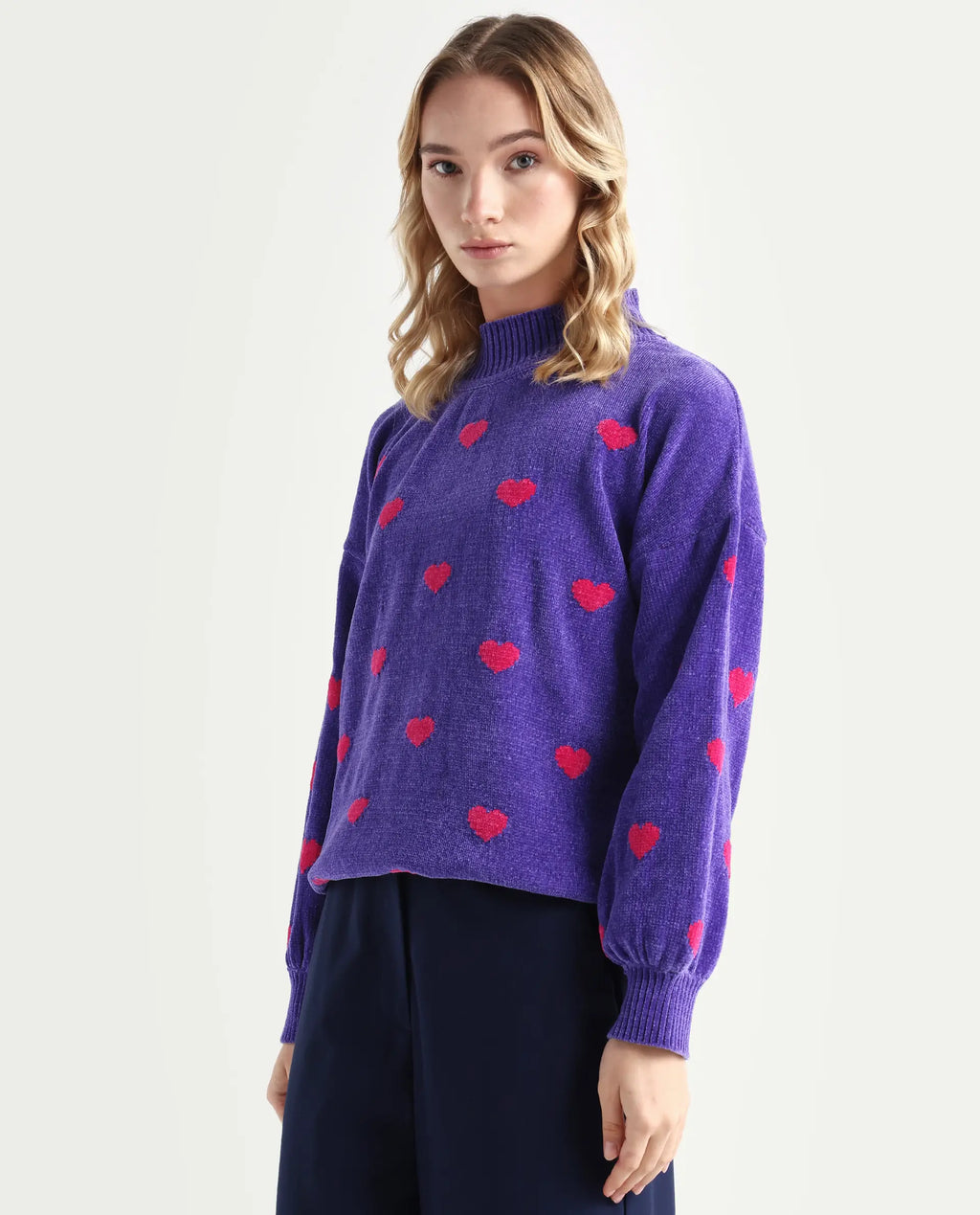 Rareism Women's Kuhre Purple Polyester High Neck Color Block Balloon Sleeve Regular Fit Sweater