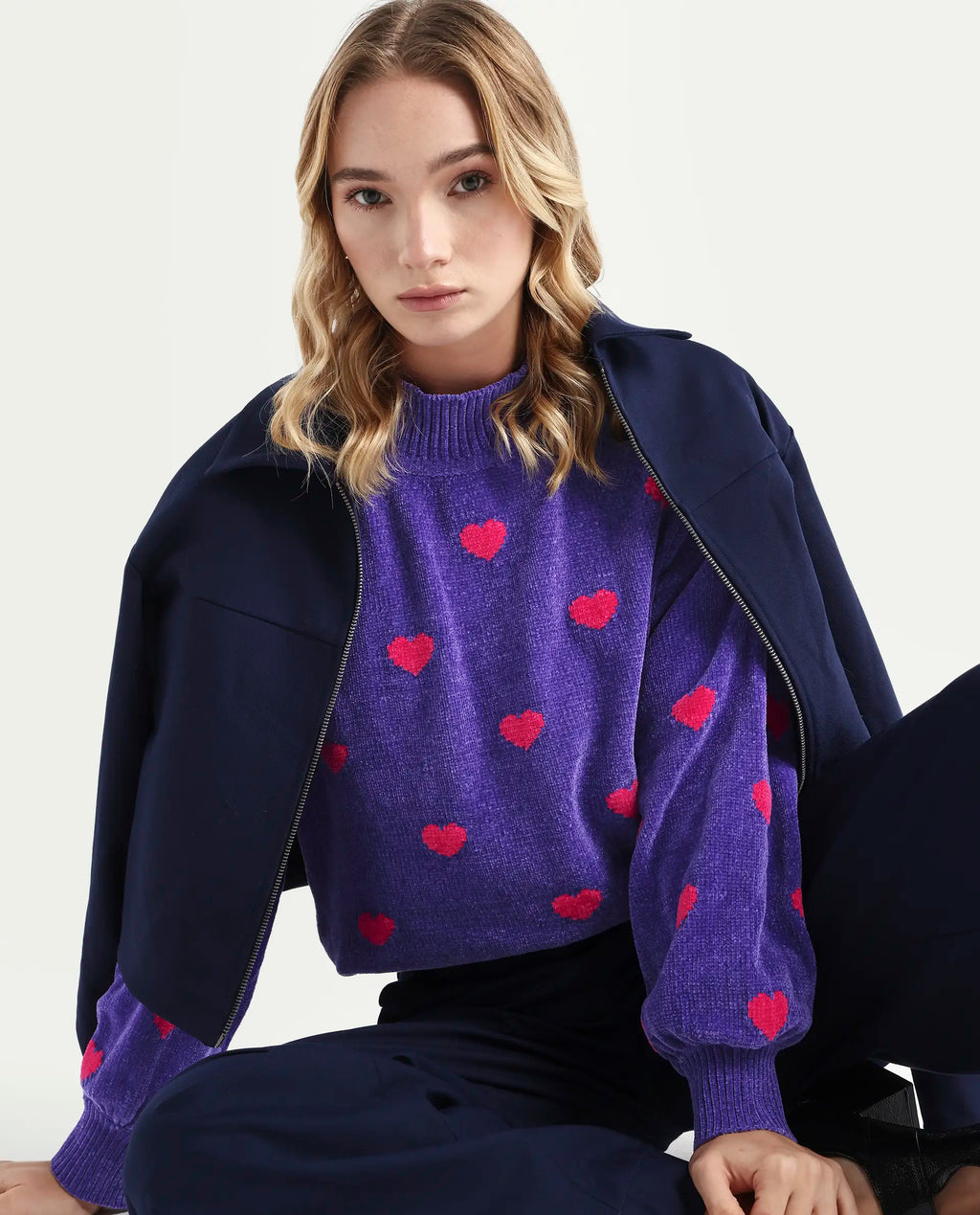 Rareism Women's Kuhre Purple Polyester High Neck Color Block Balloon Sleeve Regular Fit Sweater
