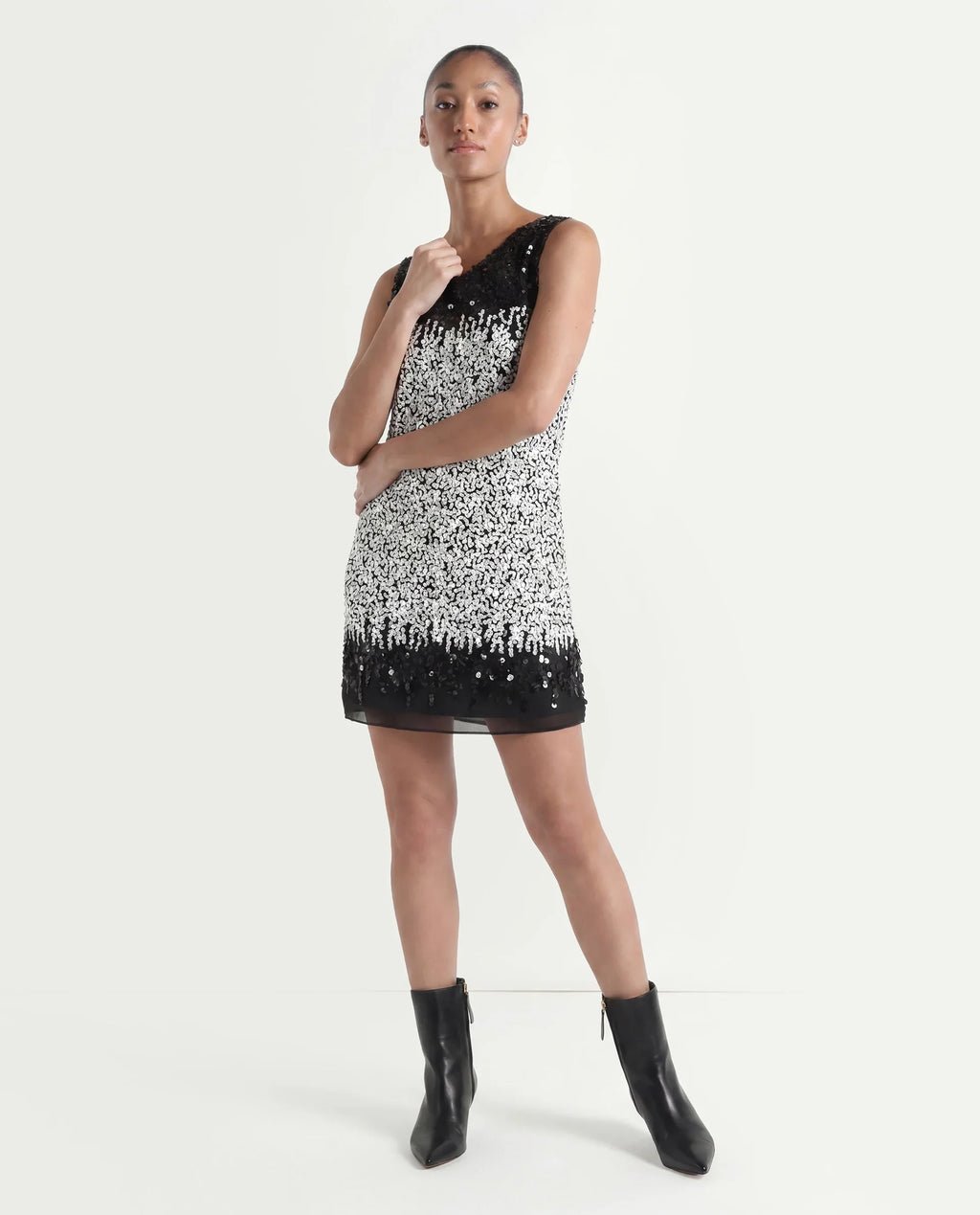Rareism Women's Moana Sheen White Polyester V-Neck Sequined Sleeveless Mini Regular Fit Dress