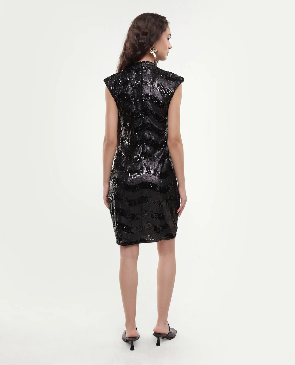 Rareism Women's Alzo Sheen Black Polyester High Neck Sequined Sleeveless Knee Length Regular Fit Dress