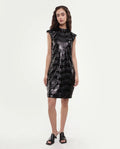 Rareism Women's Alzo Sheen Black Polyester High Neck Sequined Sleeveless Knee Length Regular Fit Dress