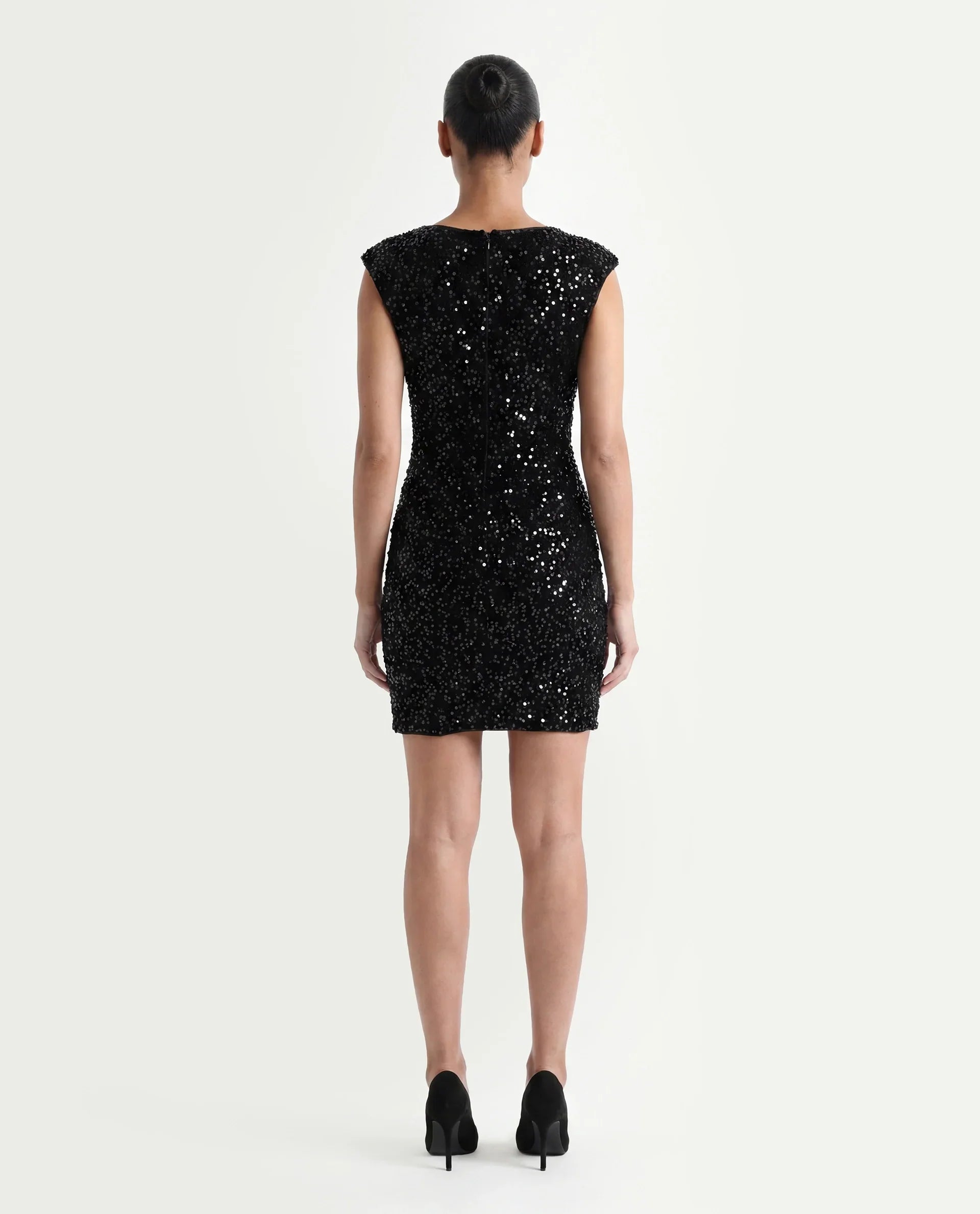 Rareism Women's Mulan Sheen Black Polyester Crew Neck Sequined Extended Sleeves Mini Regular Fit Dress