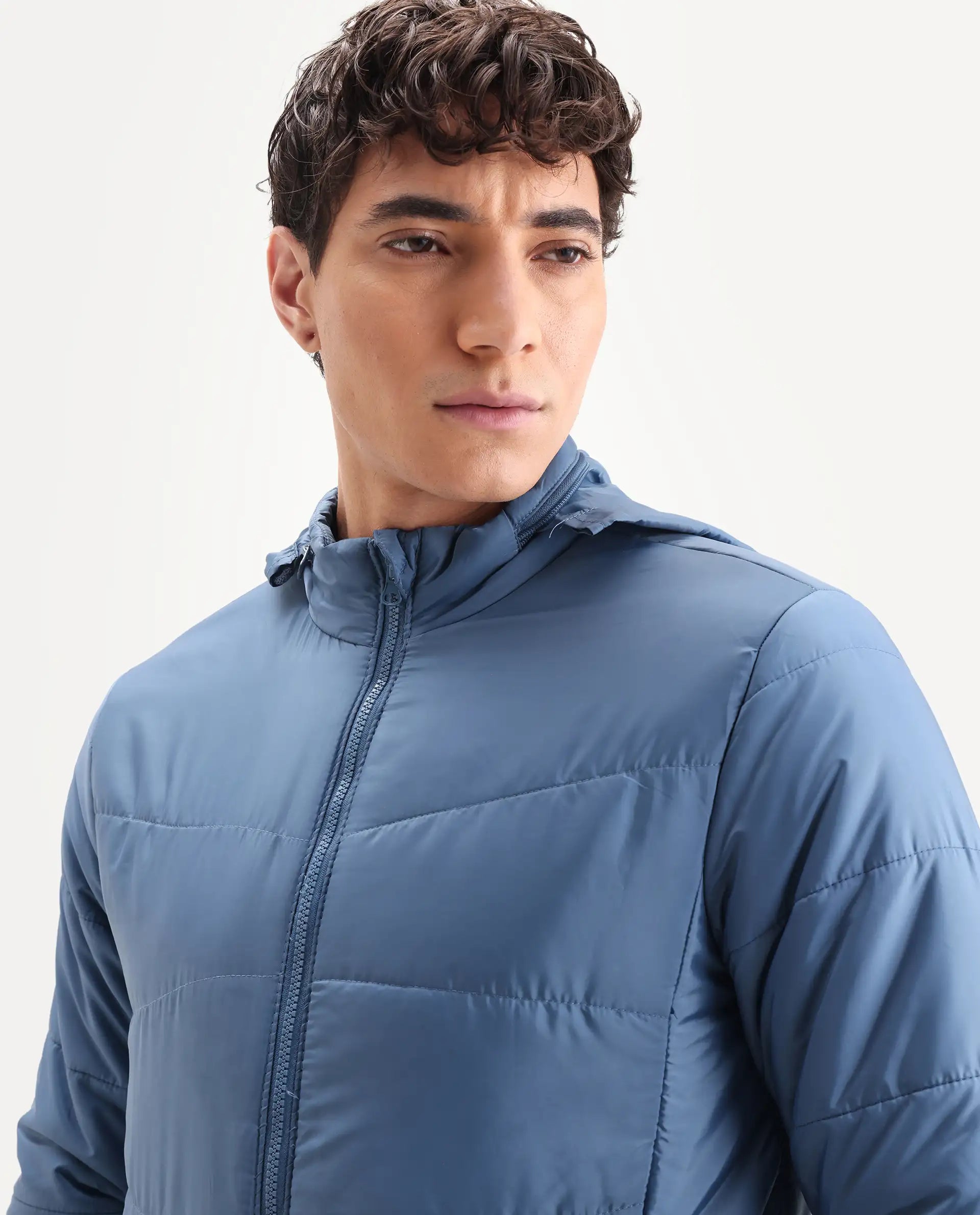 Rare Rabbit Men's Parco Dark Blue Nylon Plain Regular Fit Full Sleeve Hooded Jacket