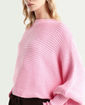 Rareism Women's Blaire Light Pink Viscose Blend Crew Neck Plain Bishop Sleeve Crop Relaxed Fit Sweater