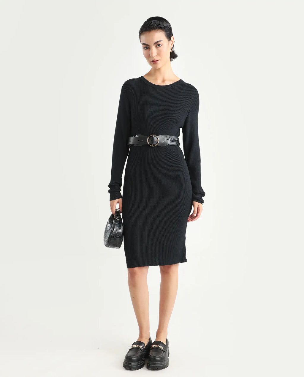Rareism Women's Franccois Black Viscose Boat Neck Plain Knee Length Regular Fit Sweater