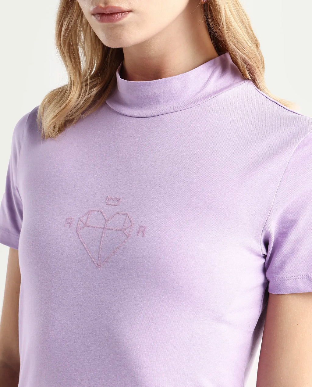 Rareism Women's Ellie Purple Cotton High Neck Graphic Print Regular Fit T-Shirt