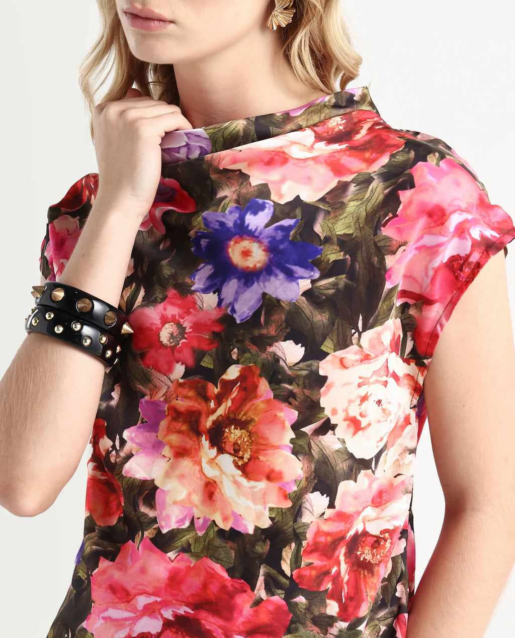 Rareism Women's Arturo Multi Polyester Cowl Neck Floral Print Extended Sleeves Regular Fit Top