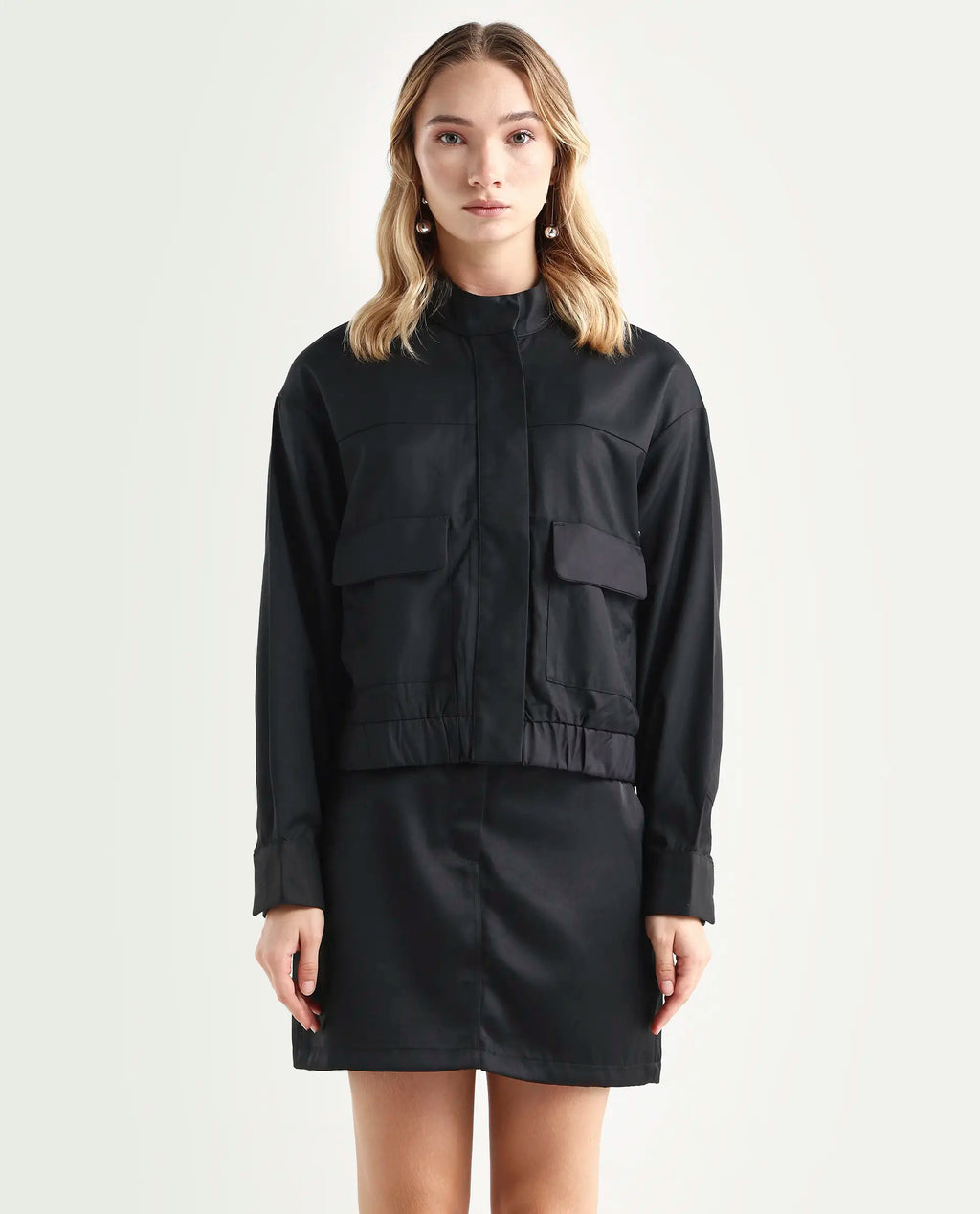 Rareism Women's Ruks Black Polyester High Neck Plain Regular Fit Jacket