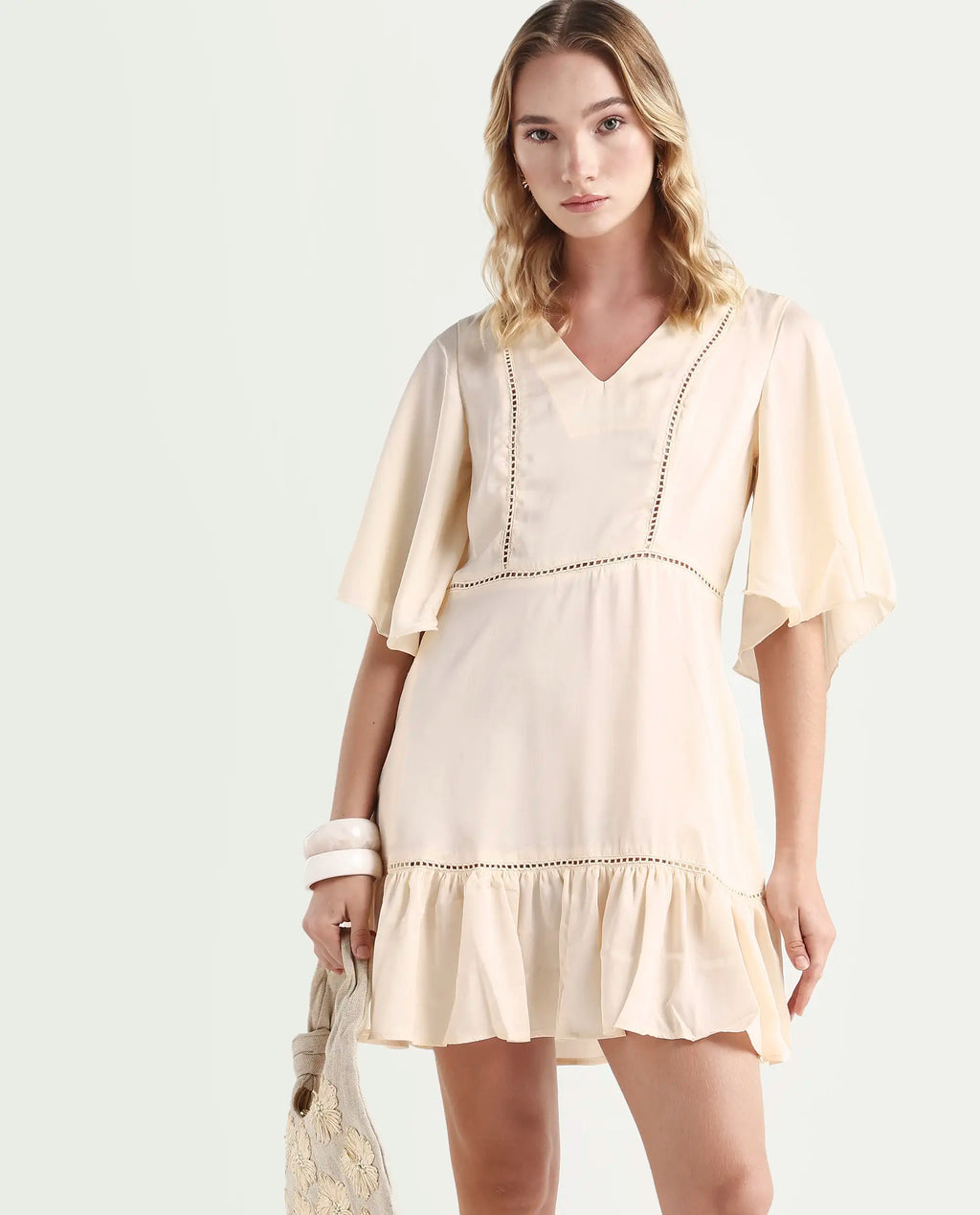 Rareism Women's Zyrus Off White Polyester V-Neck Plain Flared Sleeve Mini Regular Fit Dress