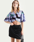 Rareism Women's Declan Purple Polyester Blend V-Neck Abstract Print Flared Sleeve Crop Regular Fit Top
