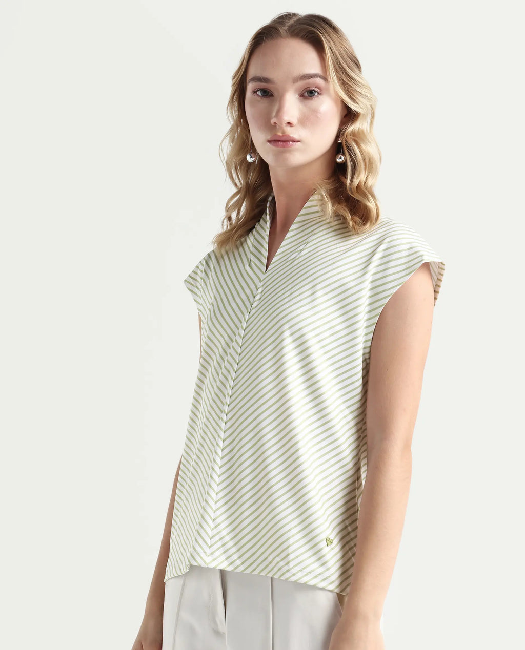 Rareism Women's Deon Green Polyester V-Neck Striped Sleeveless Regular Fit Top