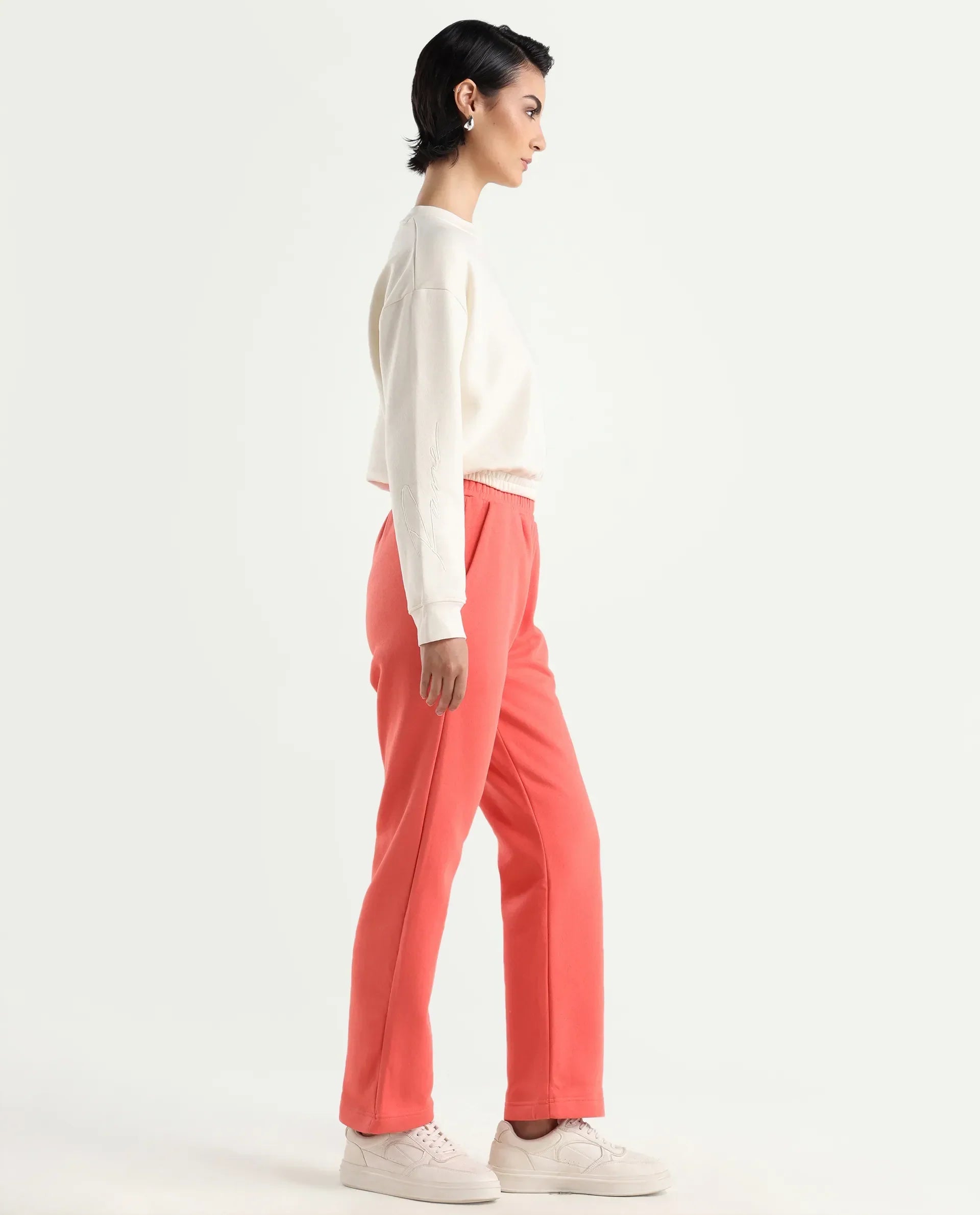Rareism Women's Fronk Orange Polyester Blend Plain Ankle Length Tailored Track Pant
