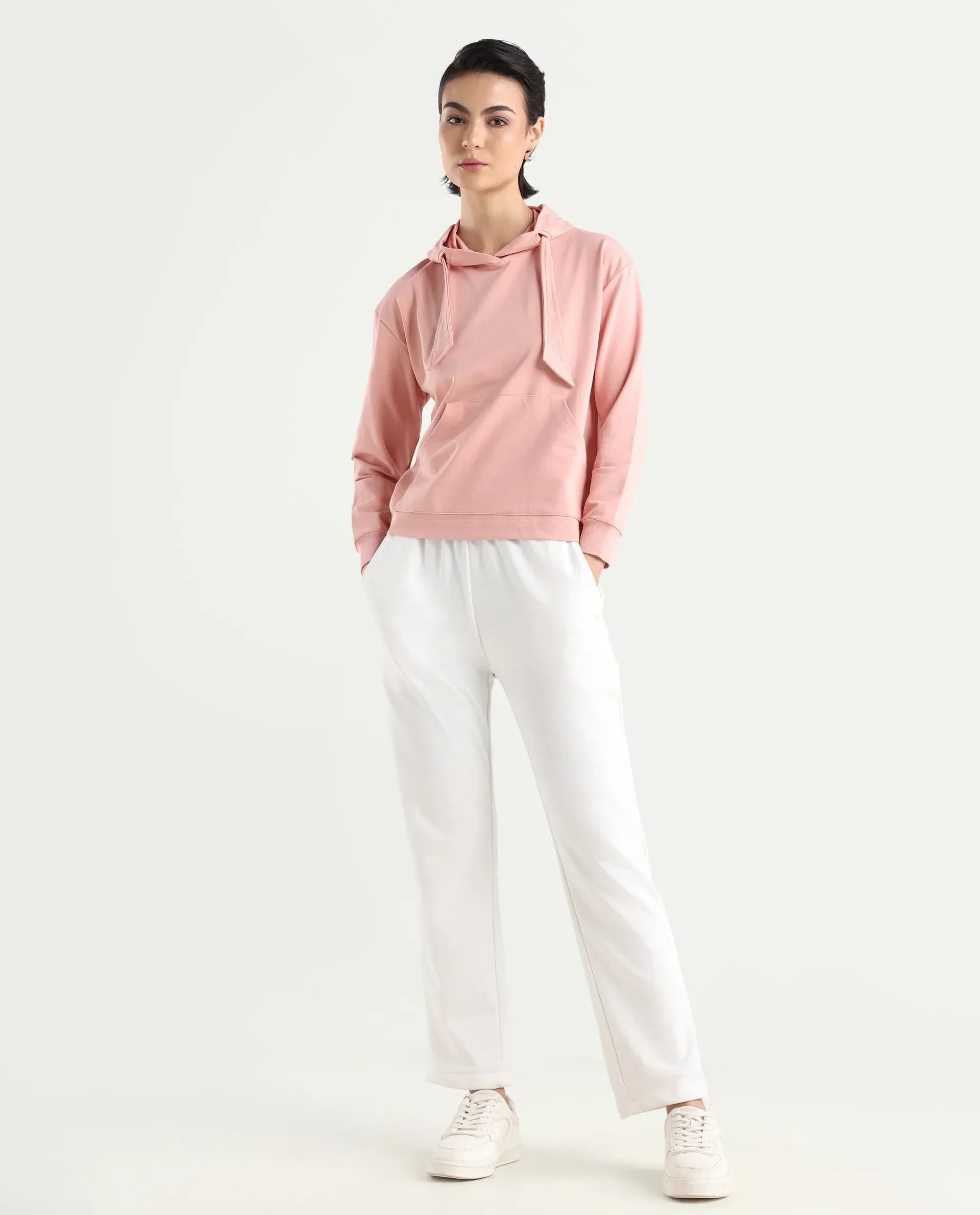 Rareism Women's Flynn Light Orange Cotton Blend Hooded Plain Regular Fit Sweatshirt