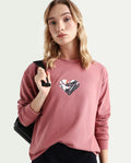 Rareism Women's Morin Dusky Pink Polyester Blend Crew Neck Graphic Print Cuffed Sleeve Regular Fit Sweatshirt