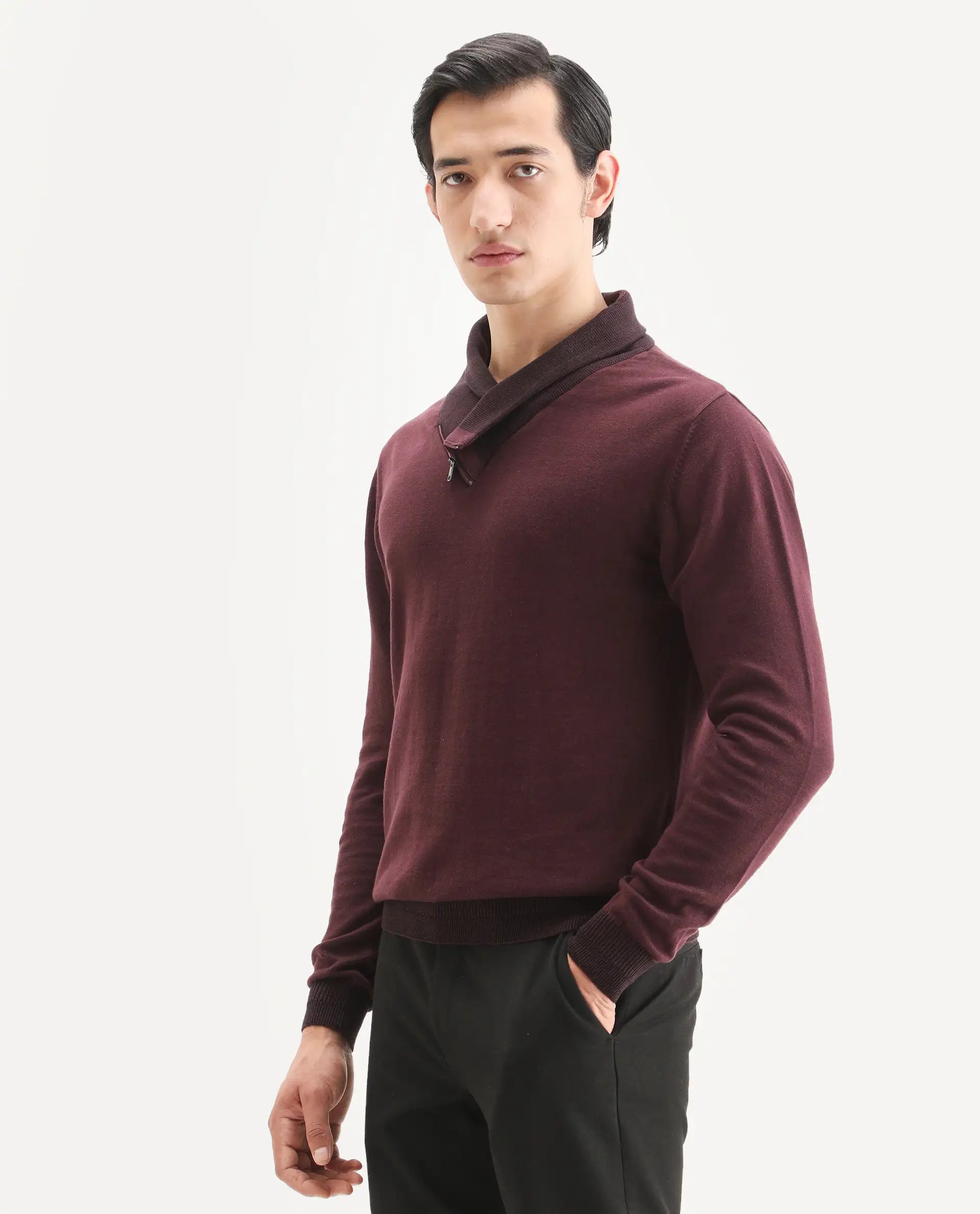 Rare Rabbit Men's Denver Brown Cotton Plain Regular Fit Full Sleeve Shawl Neck Sweater